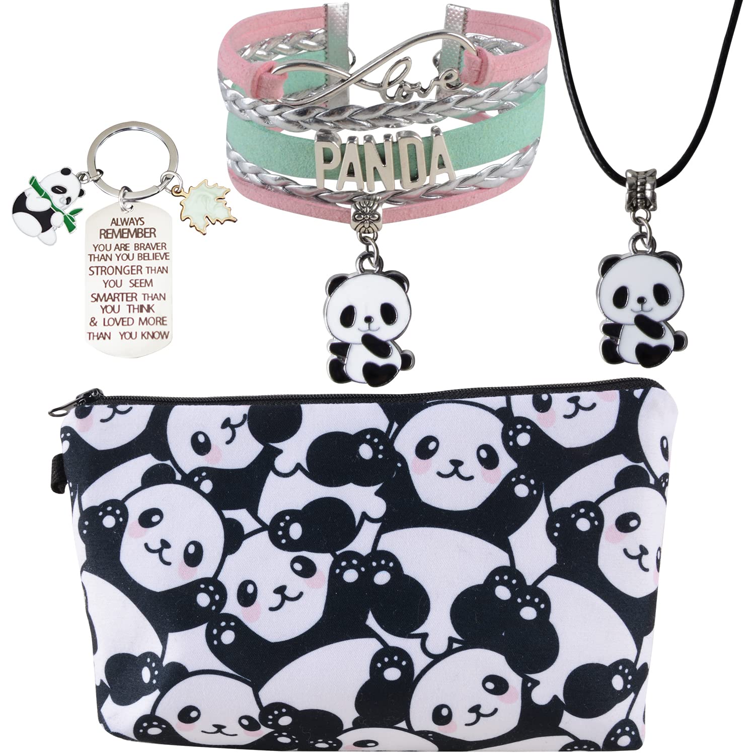LittleBlueDeer Panda Jewelry Set for Girls - Cute Panda Bear Necklace, Keychain, Makeup Bag & Bracelet Charms | Perfect Birthday Gift for Kids, Teens & Panda Lovers | Great for School, Parties & Everyday Wear