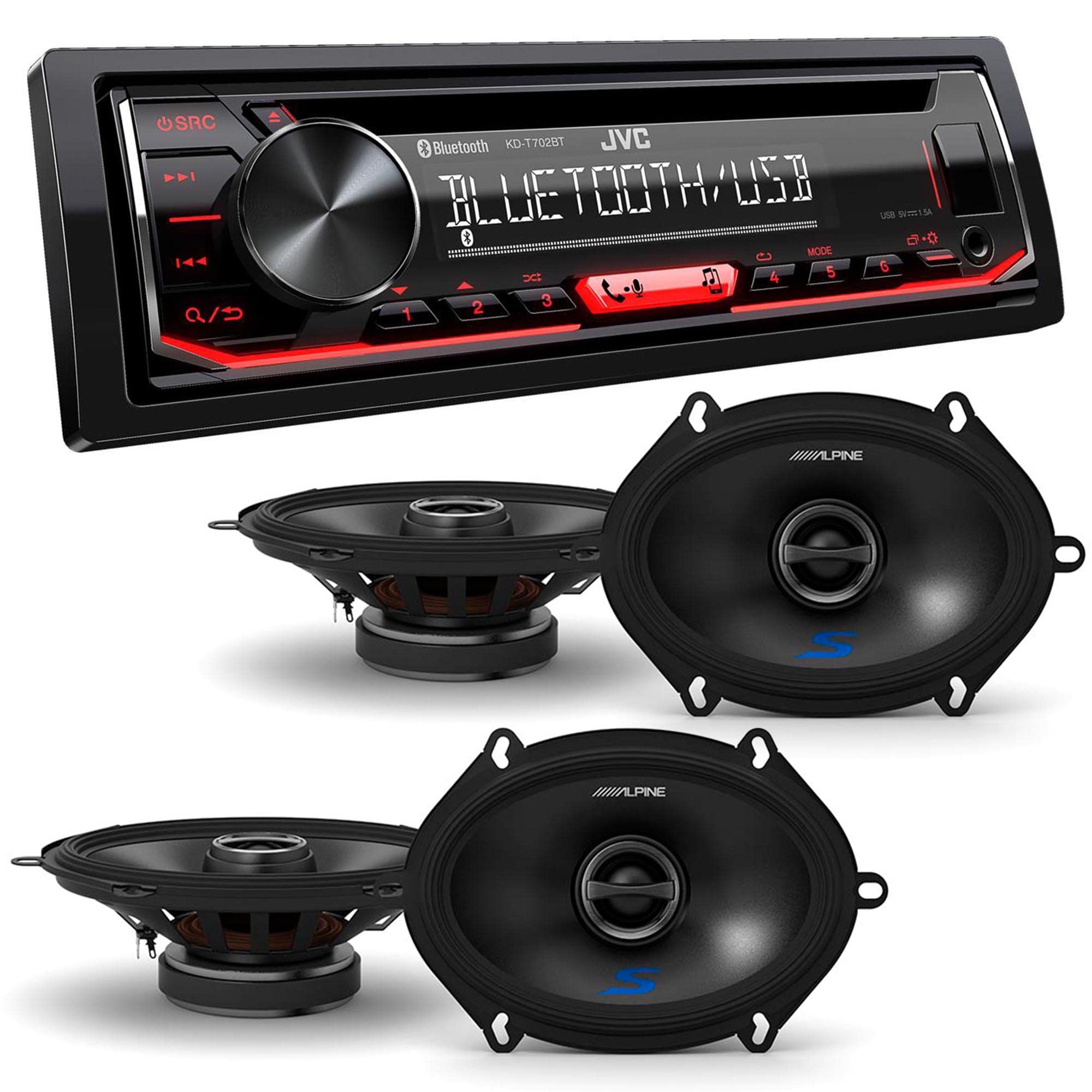 JVC KD-T720BT 1-DIN Bluetooth Car Stereo with CD Player, USB/AUX Input & Wireless Streaming - Alpine S-S57 6x8/5x7 Coaxial Speakers (2 Pairs) - Perfect for Car Audio Upgrades & Road Trip Entertainment