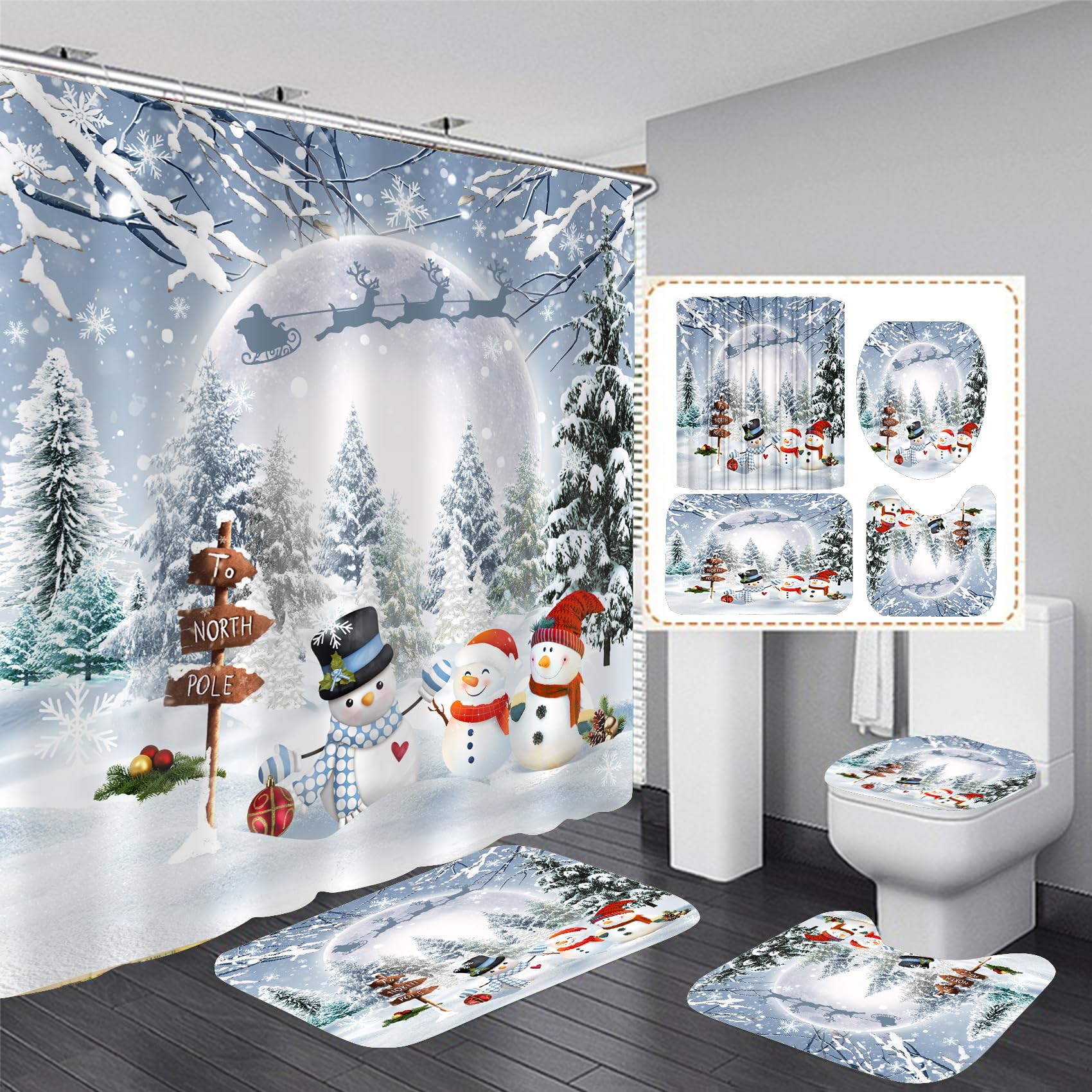 70x70 Inch Christmas Snowman Shower Curtain Set - Waterproof Holiday Bathroom Decor with Matching Rugs (4-Piece) for Winter & Xmas Bathroom Decoration | Perfect for Festive Home Decor & Gift Giving