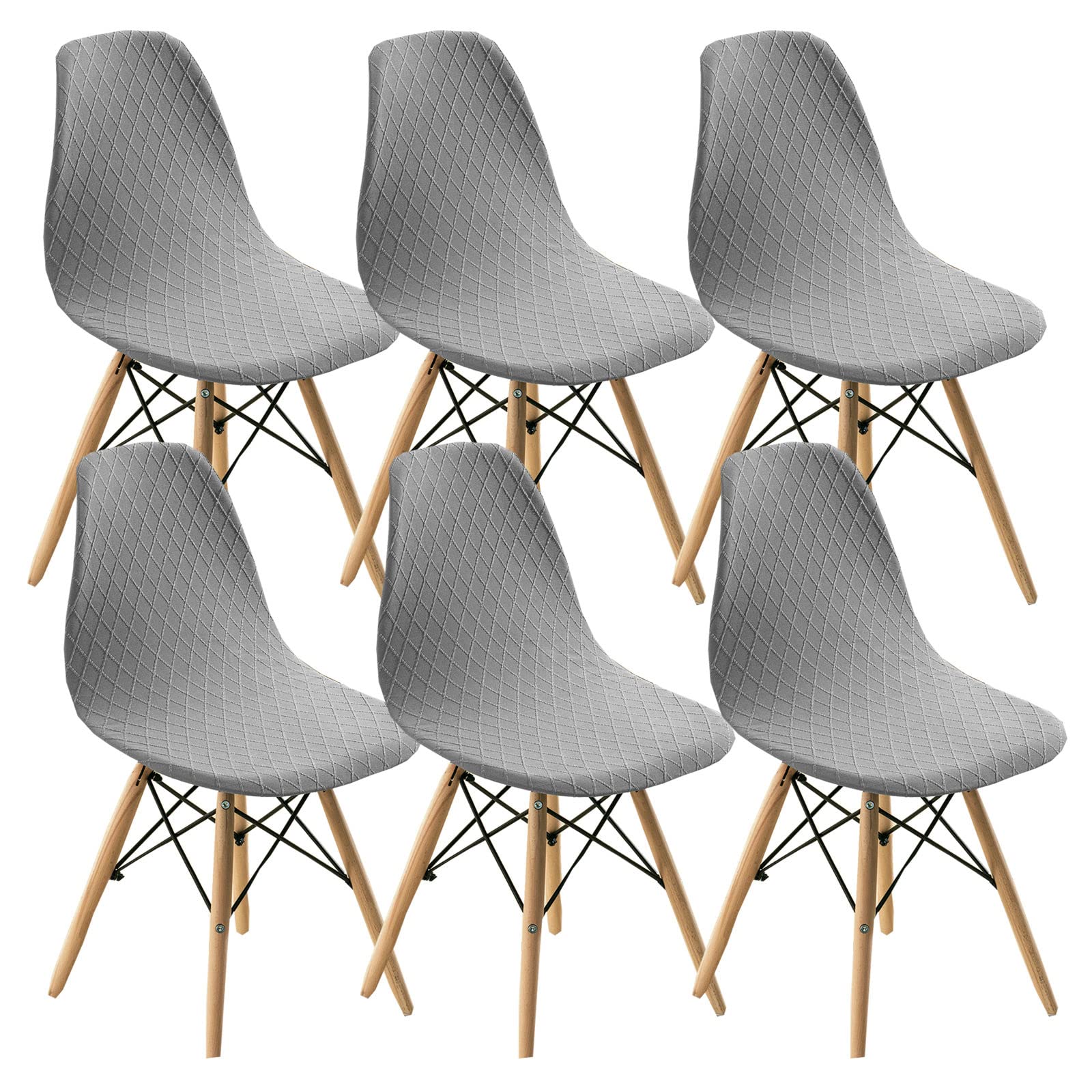 Mid Century Modern Shell Chair Covers - Set of 6 Jacquard Armless Dining Chair Slipcovers for Plastic Chairs, Light Grey - Perfect for Dining Room, Lounge & Side Chairs in Home Decor