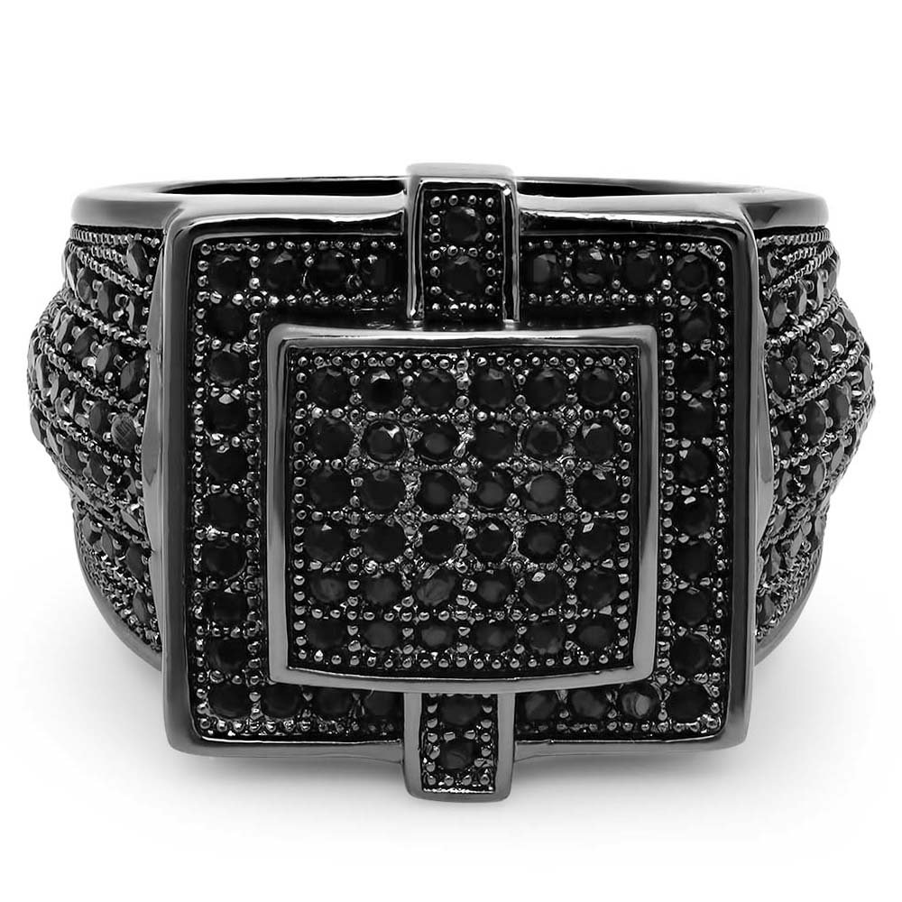 Bling Factory Black Plated Square Micro-Pave Cubic Zirconia Hip Hop Ring for Men & Women - Iced Out Jewelry with Free Polishing Cloth - Perfect for Parties, Gifts & Hip Hop Fashion