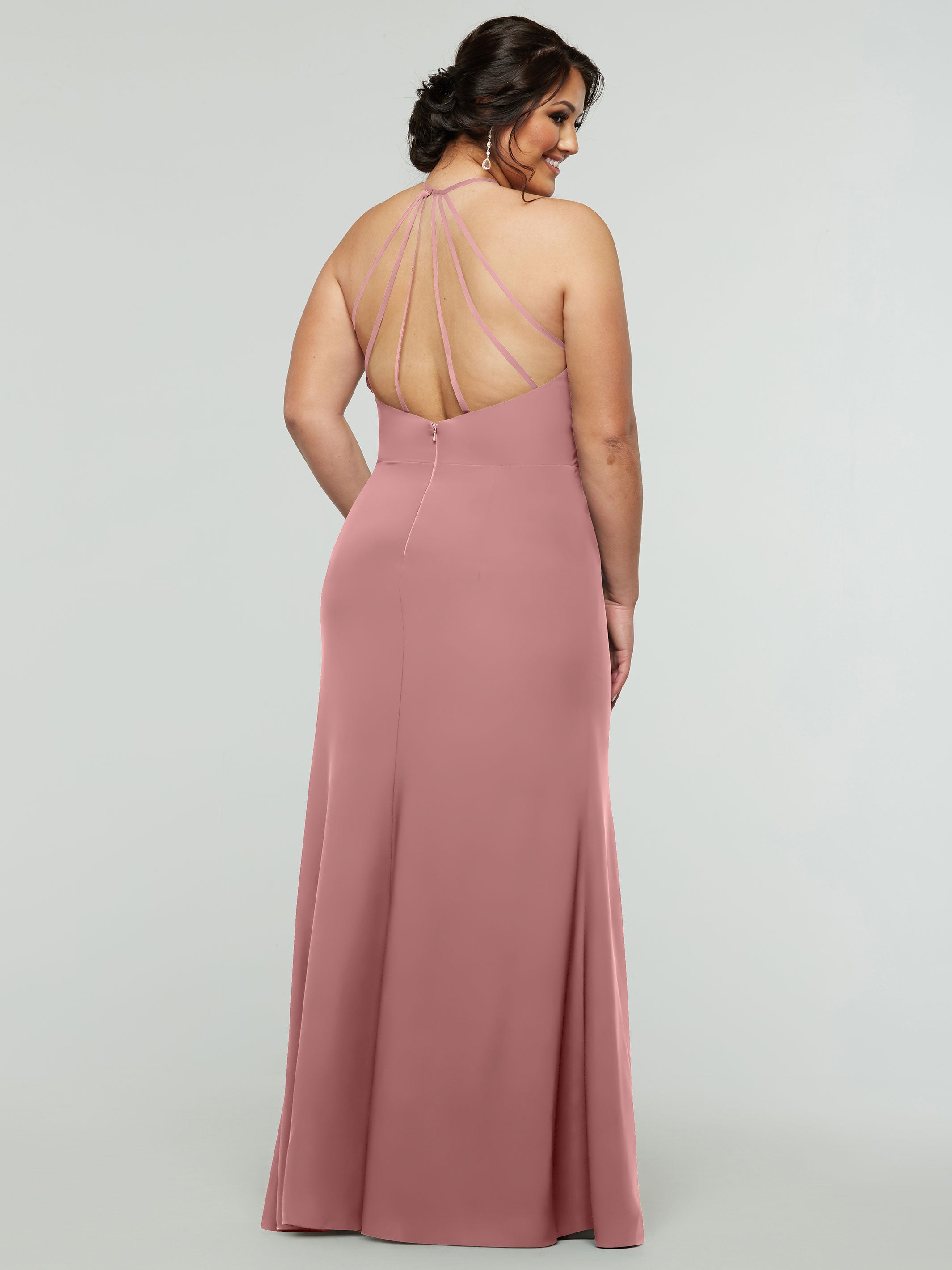 Elegant 83031 Fit and Flare Stretch Chiffon Bridesmaid Dress with Halter Neck & High Slit - Perfect for Weddings, Parties, and Formal Events