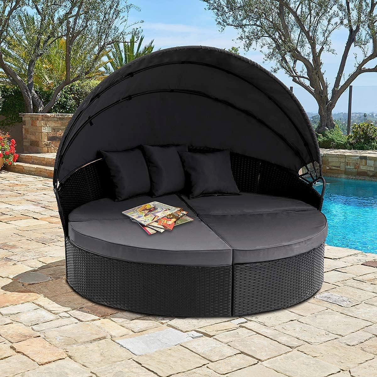 Outdoor Round Wicker Daybed Sofa Set with Canopy - 4-Piece Patio Furniture with Cushioned Seats for Lawn, Poolside, Garden - Perfect for Relaxing in Backyard, Beach House or Resort (Dark Black)