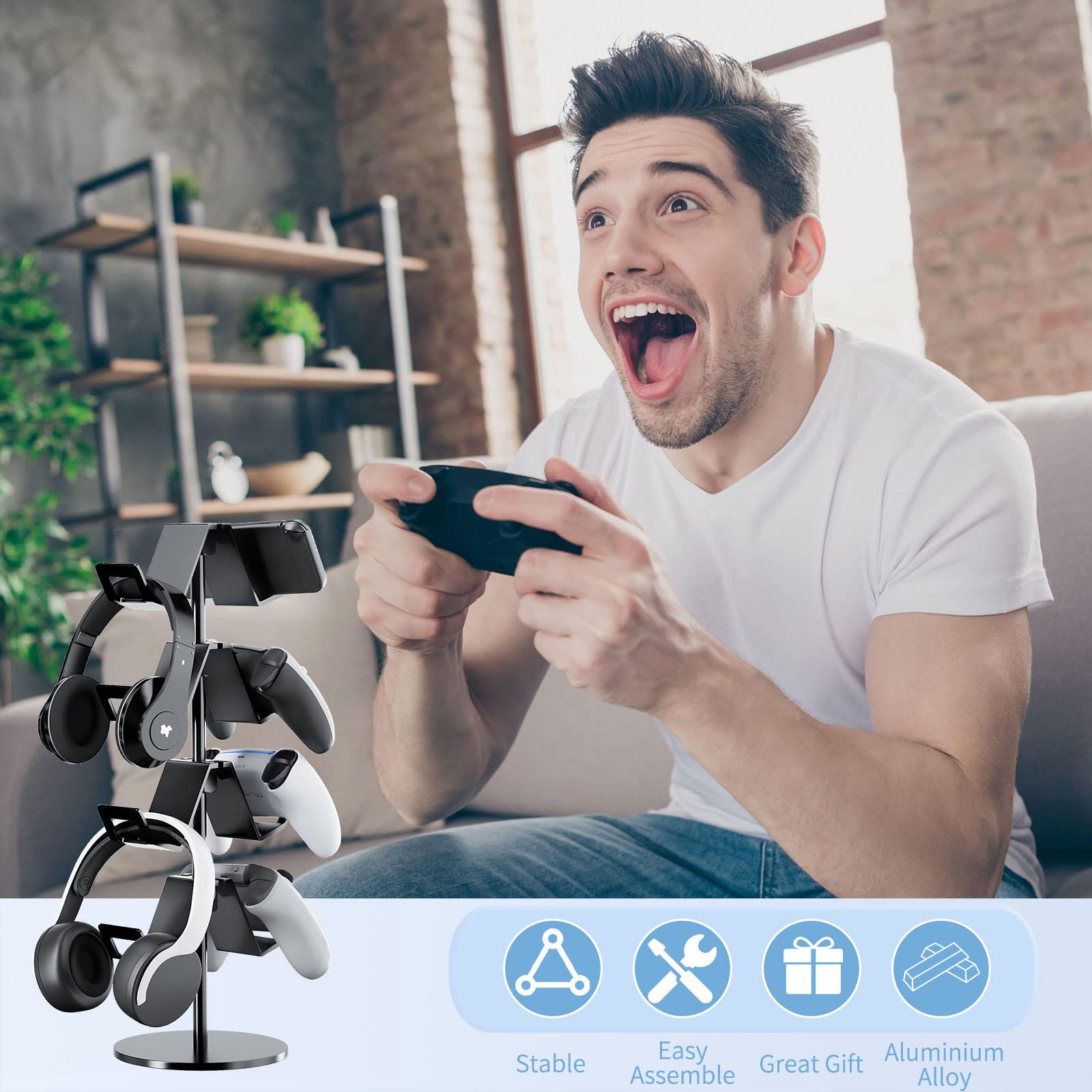 4-Tier Adjustable Controller & Headphone Stand for Xbox PS5 PS4 Switch Pro - Universal Gaming Accessories Organizer with Desk/Floor Mount - Perfect for Gaming Setup & Home Office (Black)