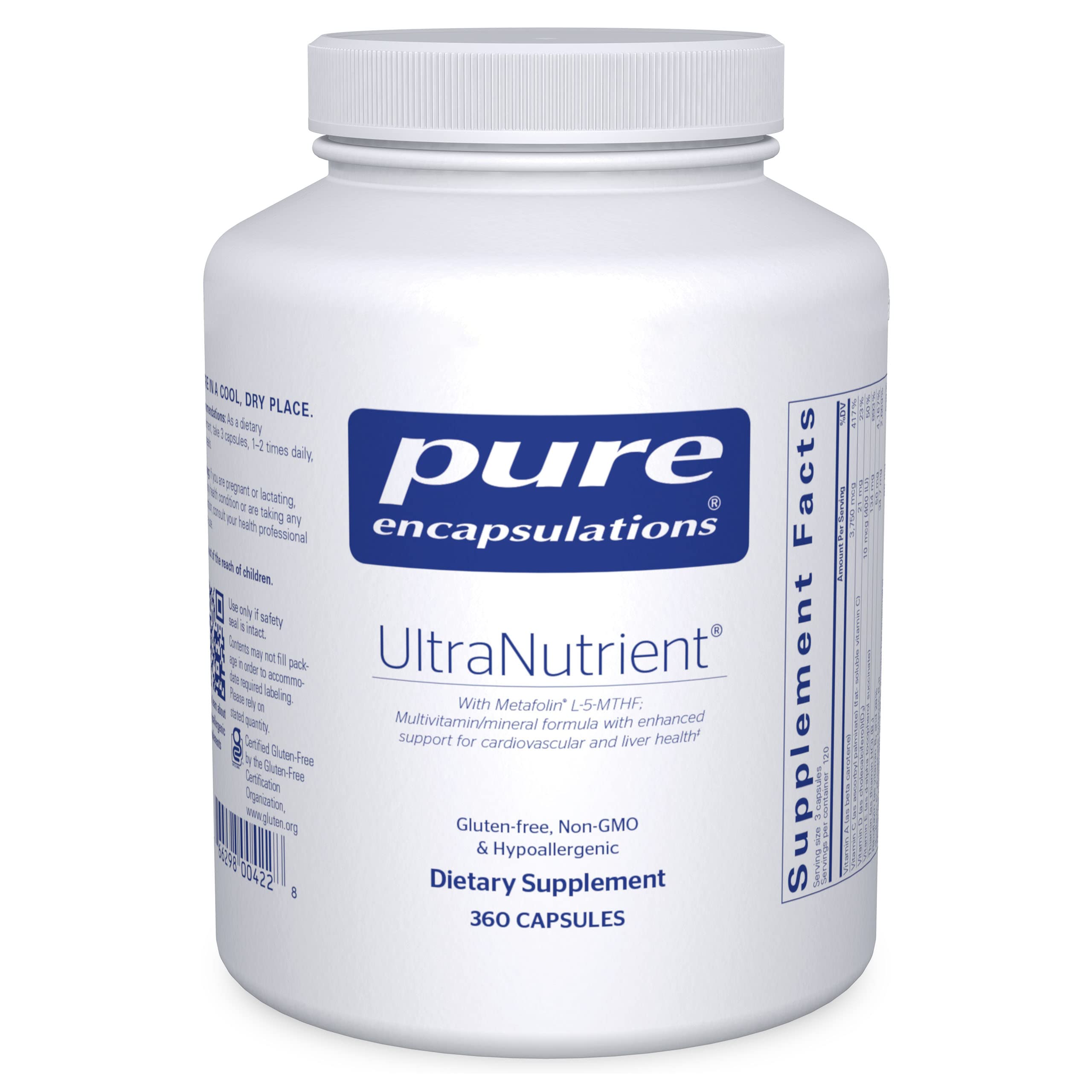 Pure Encapsulations UltraNutrient Multivitamin & Mineral Supplement - 360 Capsules with Vitamin C, CoQ10 for Liver & Heart Health Support - Gluten Free Antioxidant Formula - Daily Wellness & Immune Support Supplement for Active Adults