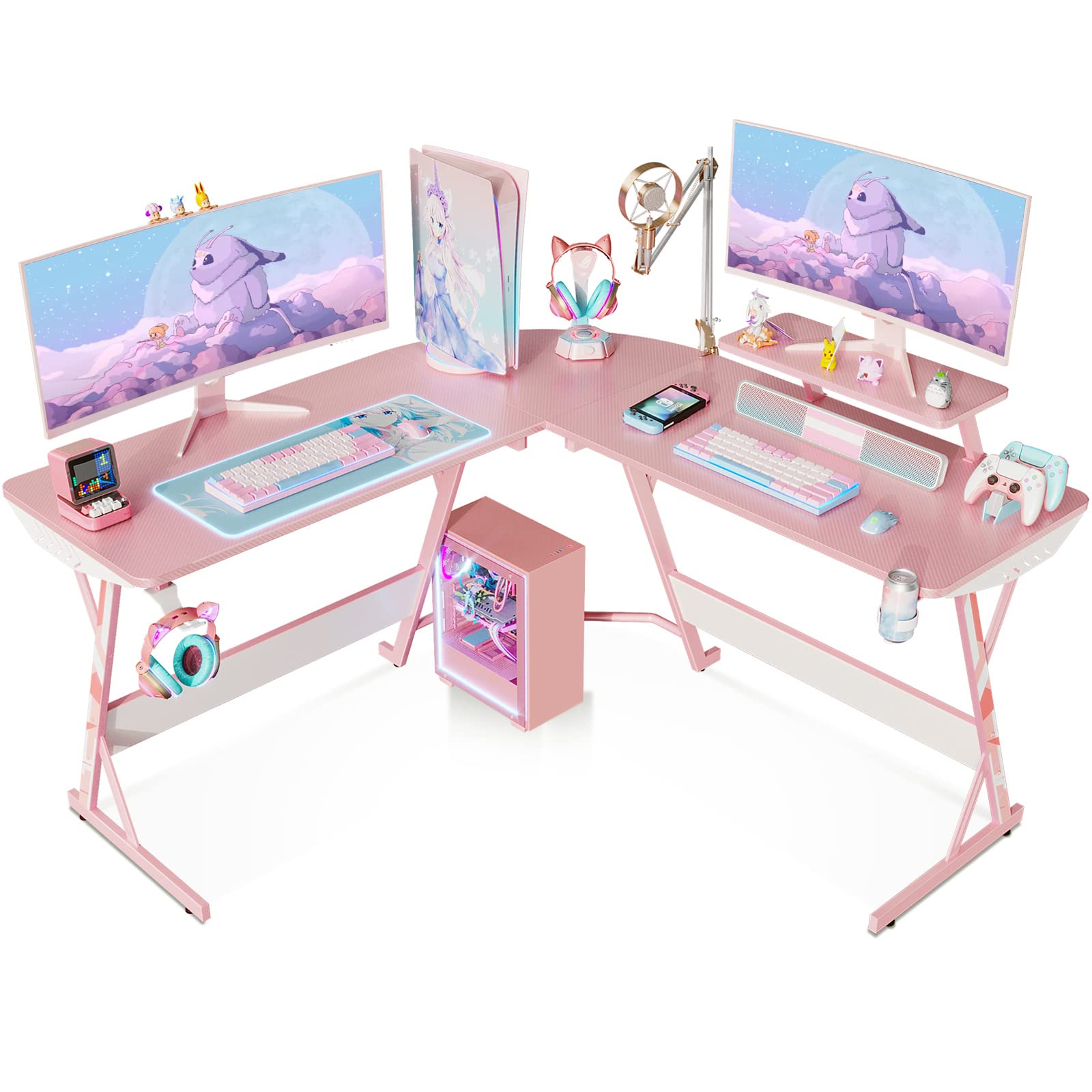 Pink L-Shaped Gaming Desk with Carbon Fiber Texture - 51 Inch Corner Computer Desk with Monitor Stand, Cup Holder & Headphone Hook - Perfect for Women & Girls Gamers - Ideal for Small Spaces, Streaming Setup & Home Office Workstation