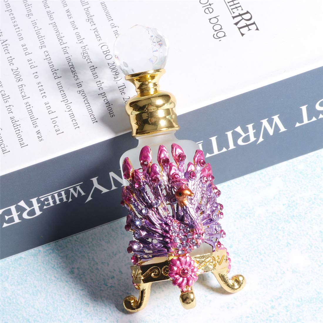 Waltz&F Vintage Peacock Octagon Frosted Glass Perfume Bottle - 12ml Refillable Essential Oil Bottle with Jeweled Design (Pink) | Perfect for Home Fragrance, Gift Giving & Aromatherapy
