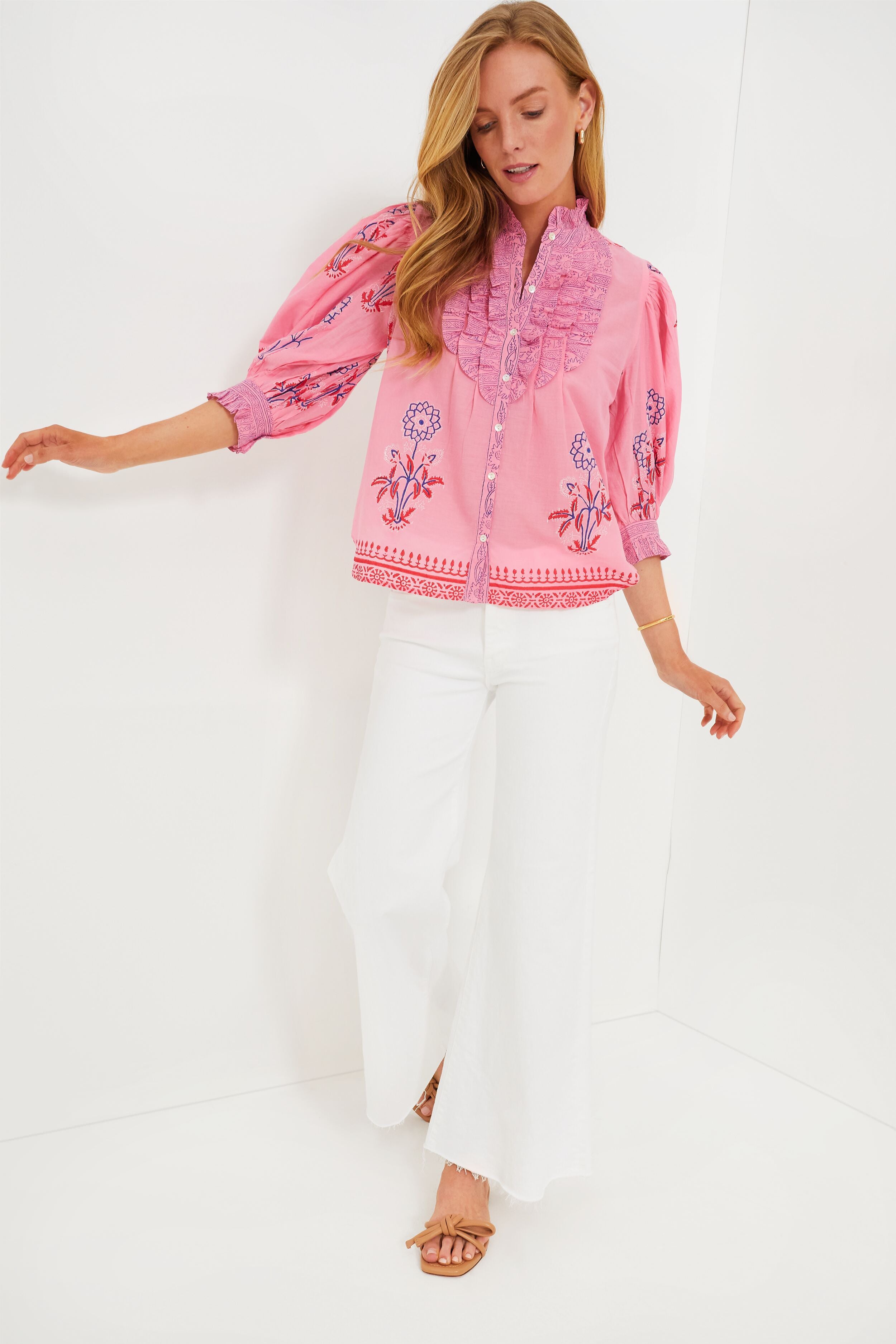 Boca Women's Pink Ruffle Front Button Down Blouse - Elegant Floral Print Casual Shirt for Office, Date Night & Spring Outfits