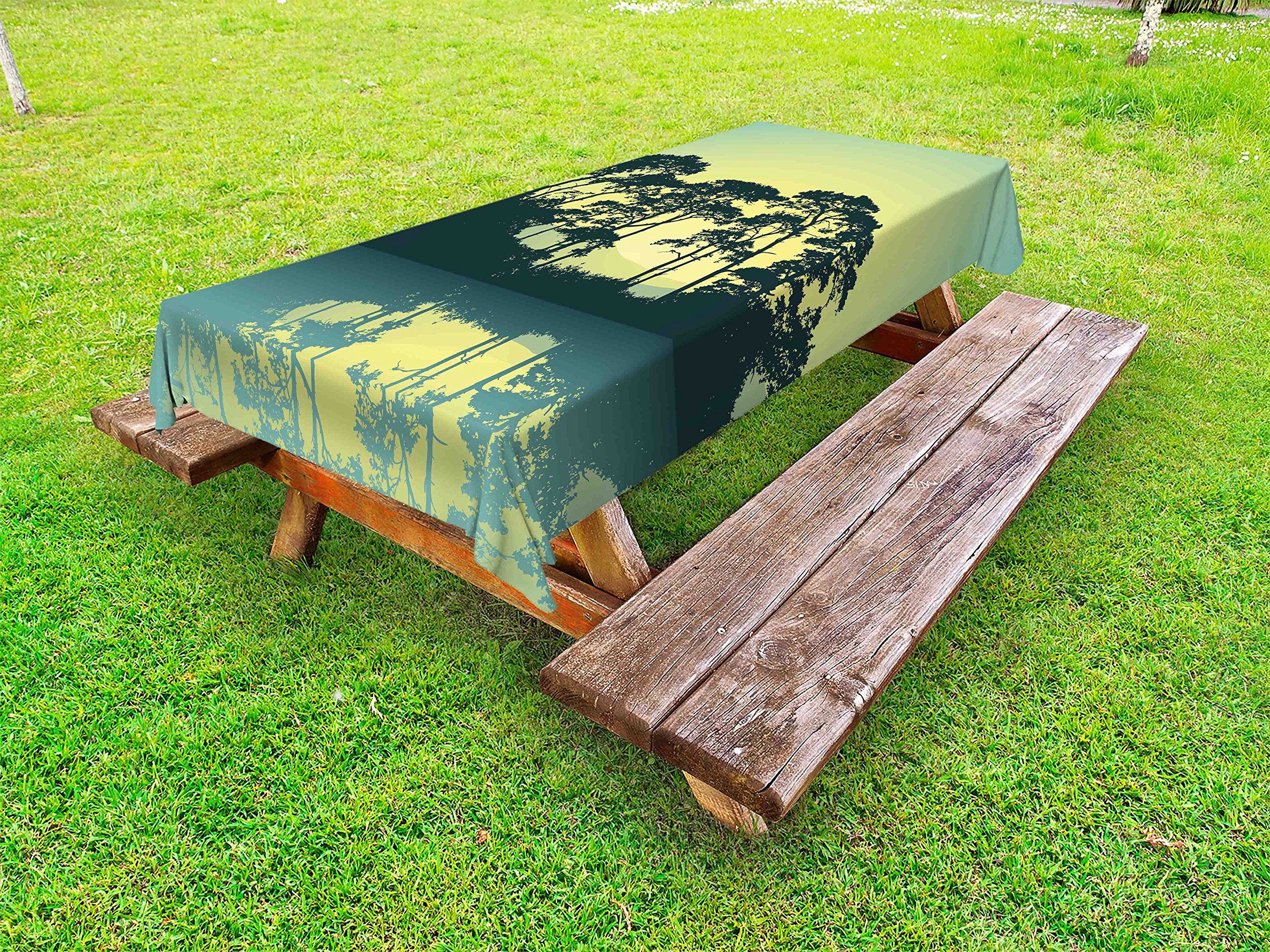 Ambesonne Waterproof Outdoor Tablecloth - Mystic Forest Abstract Design with Trees, Mountains & Lake - 58x84 Inch Washable Picnic Table Cover for Camping, BBQs, Garden Parties - Blue & Green Nature Print Decor