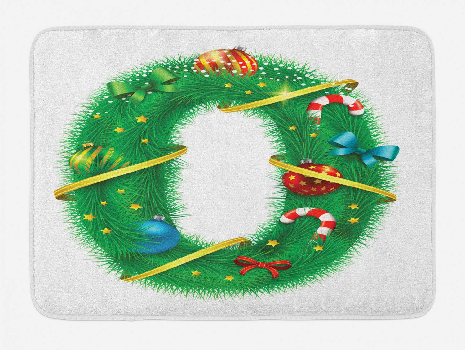 Ambesonne Christmas Alphabet Bath Mat - Letter O with Ribbons, Baubles, Stars & Fir Leaves Print, Non-Slip Plush Bathroom Rug, 30.2 x 20 Inches, White & Green - Perfect for Holiday Home Decor & Festive Bathroom Accents