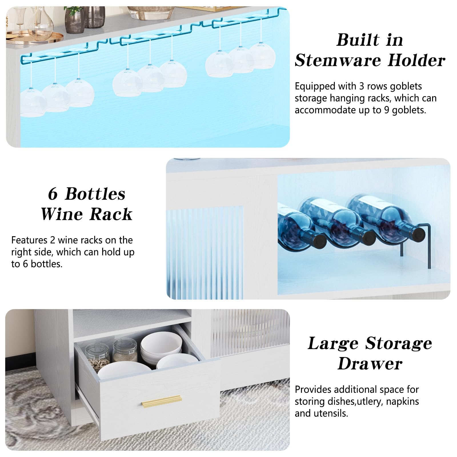 Modern White Large Wine Bar Cabinet with LED Lights, Wine & Glass Rack - Kitchen Coffee Bar Storage Buffet Sideboard with Drawers for Dining Room, Living Room & Home Entertaining