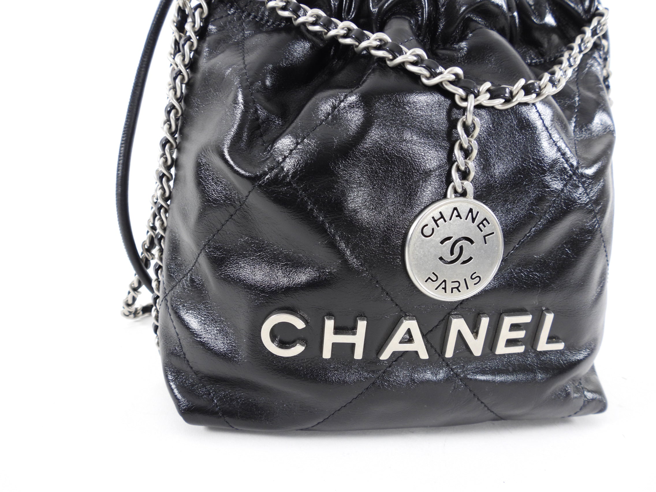 Chanel 22 Black Glossed Leather Mini Chain Bag with Logo - Luxury Designer Crossbody Purse for Women, Perfect for Evening Parties & Date Nights