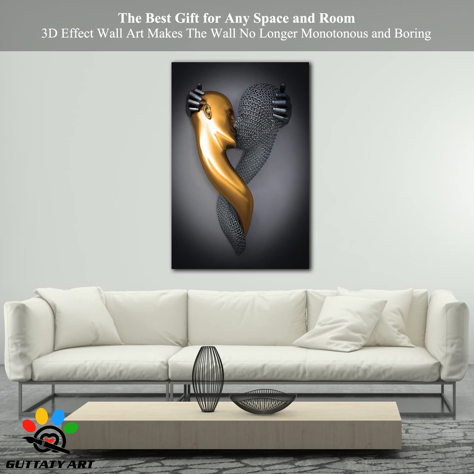 3D Metal Effect Love Heart Gray Canvas Wall Art - Romantic Kissing Couple Painting for Bedroom & Living Room - Modern Home Decor - Valentine's Day Gift for Couples (28x40 Inches) - Perfect for Anniversary, Wedding Decor & Housewarming Present