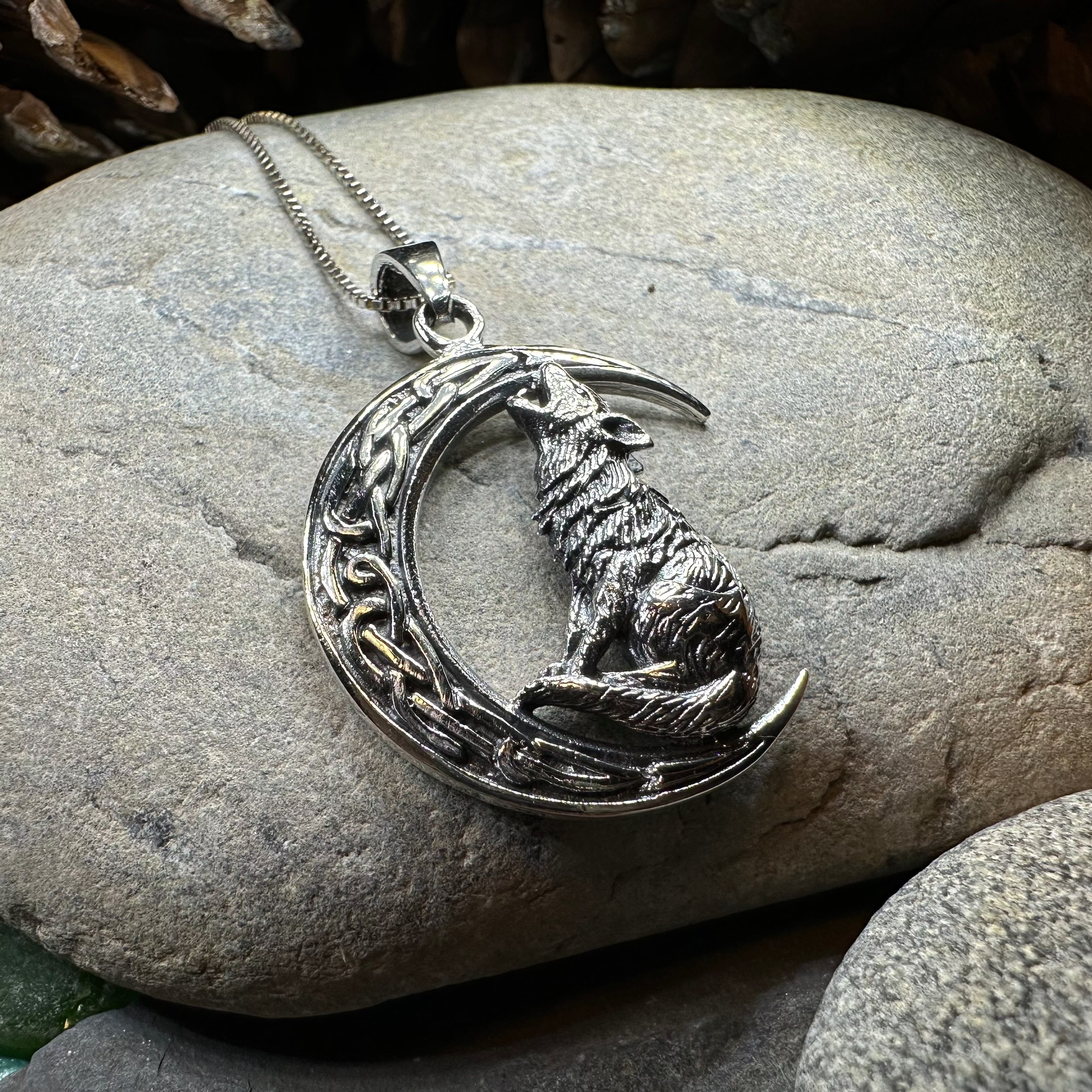 Nocturn Wolf Moon Necklace - Sterling Silver Howling Wolf Pendant for Women & Men - Perfect for Gifts, Boho Jewelry, and Moon Phase Lovers