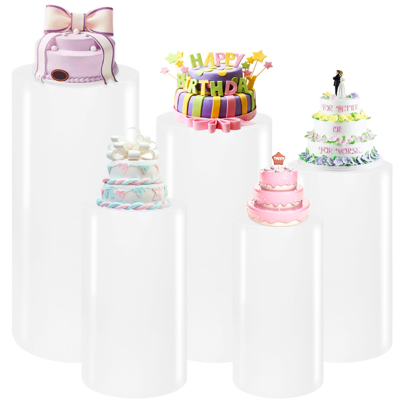 Premium Metal Cylinder Pedestal Stands - Set of 5 Reusable Round Display Pillars for Dessert Tables, Birthday, Wedding & Baby Shower Decorations (White) | Perfect for Cake Displays, Centerpieces & Party Decor