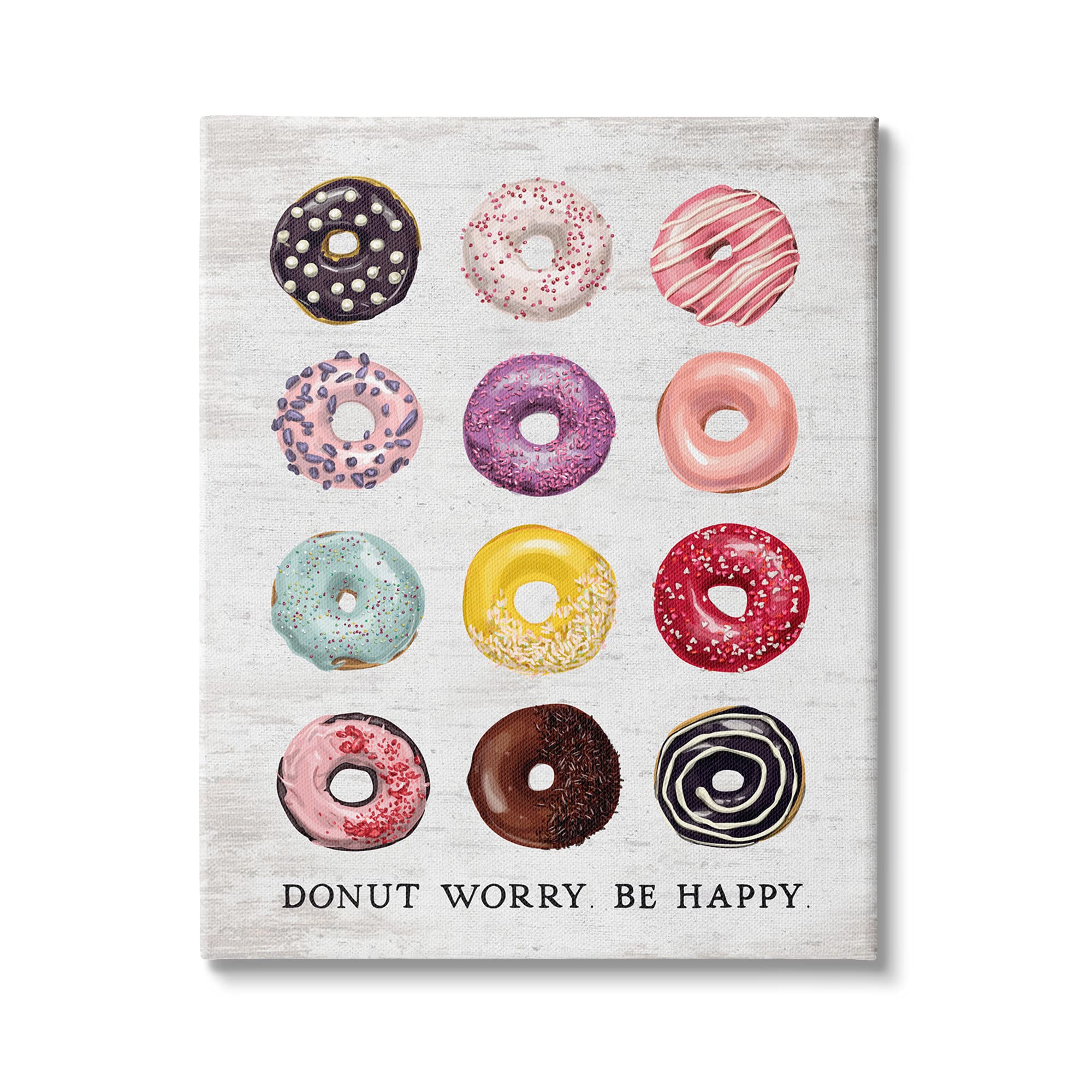 Stupell Industries 'Donut Worry Be Happy' Pun Glazed Farmhouse Dessert Canvas Wall Art - 16x20 Inch Multi-Color Kitchen Decor for Dining Room, Cafe & Sweet Shop