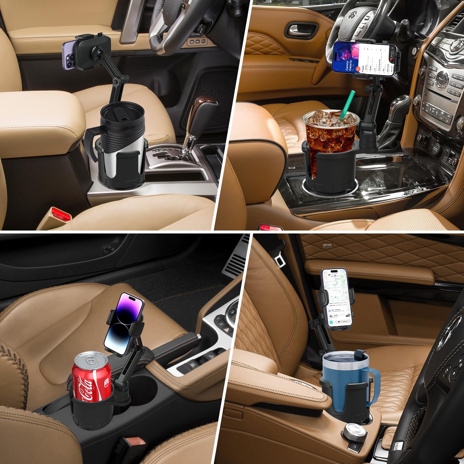 Best Car Cup Holder Phone Mount with Expandable Base - Universal 2-in-1 Phone Holder & Cup Expander Adapter for 10-40oz Bottles & Mugs - Fits All Smartphones - Perfect for Road Trips, Commuting & Hands-Free Driving