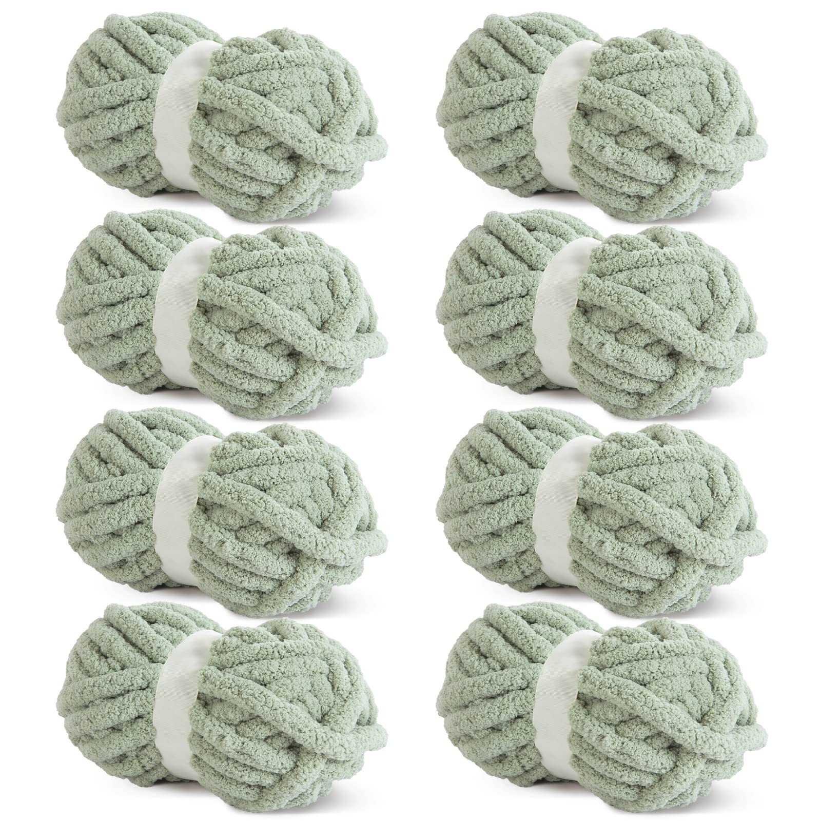 HOMBYS Sage Green Chunky Chenille Yarn for Crocheting & Knitting - Super Bulky Thick Fluffy Yarn for Handmade Blankets, Scarves & Hats - Soft Plush Yarn (8 Jumbo Skeins, 27 Yards Each, 8 oz) - Perfect for DIY Crafts, Baby Blankets & Home Decor Projects