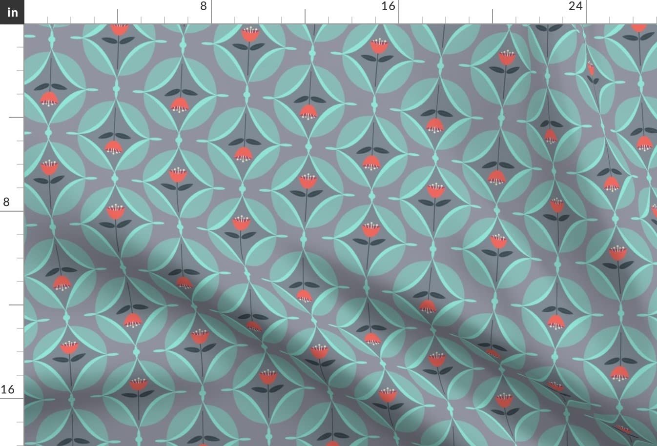 Mod Gray Red Spring Floral Coral Flowers Aqua Blue Tulips Retro Print Chiffon Fabric by The Yard - Premium Sewing Material for Fashion Apparel, Dresses & Home Decor | Perfect for DIY Projects, Curtains, Quilting and Upholstery