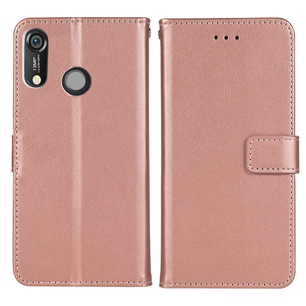 Premium Leather Wallet Case with Wrist Strap & Card Holder - Compatible with Huawei Y6 2019/Honor 8A/Y6 Prime 2019 (Rose Gold) | Flip Cover Stand Case for Daily Use, Travel & Business Meetings