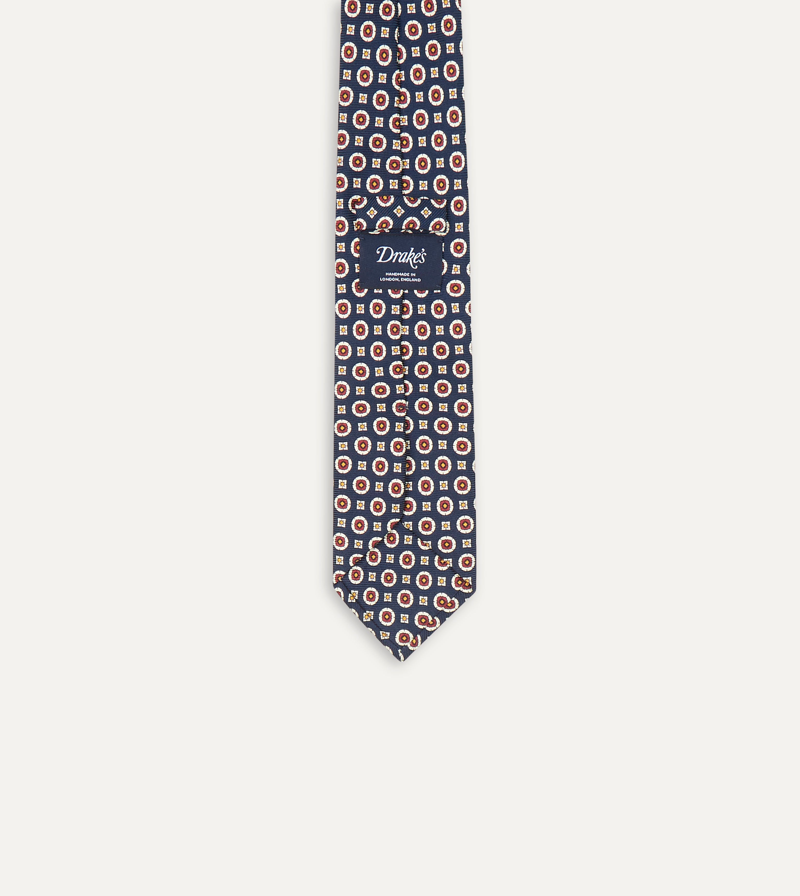 Navy and Red Geometric Medallion Print Silk Foulard Tie for Men - Elegant Necktie for Business, Weddings & Formal Occasions