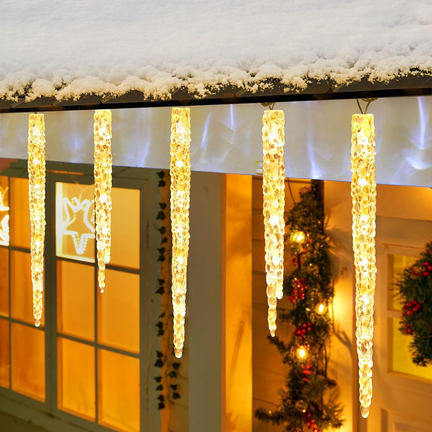 Minetom 20ft 100 LED Waterproof Outdoor Icicle Christmas Lights - Connectable Warm White Twinkling Crystal String Lights with Clips for Eaves, Perfect for Holiday Decorations, Patio Lighting, and Winter Wedding Decor