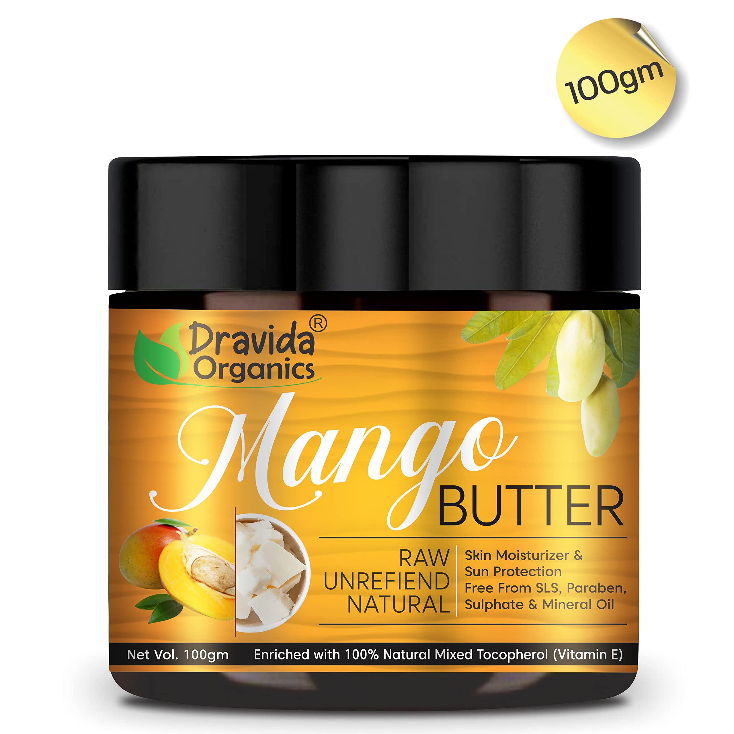 Dravida Organics Mango Body Butter - 100% Natural, Paraben-Free, Silicone-Free, No Mineral Oil or Artificial Colors - 100 gm - Deep Hydration for Dry Skin, Perfect for Daily Moisturizing & Spa Treatments