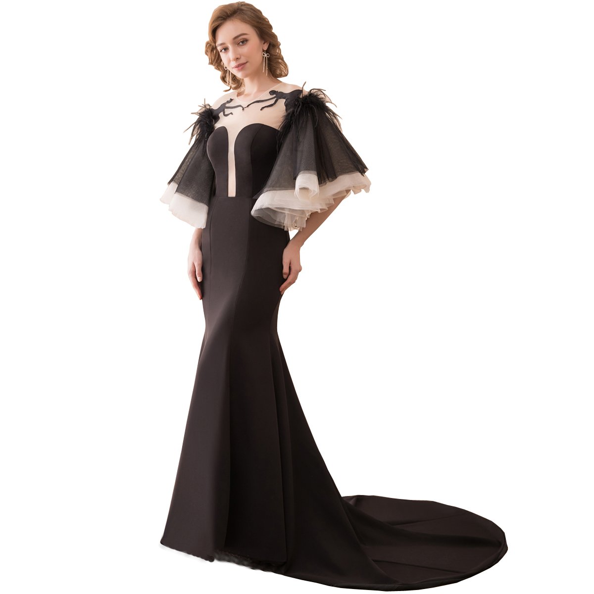 Elegant Black Mermaid Prom Dress with Fluffy Feather Sleeves - Women's Formal Evening Gown Size US14 | Perfect for Homecoming, Pageants & Special Occasions