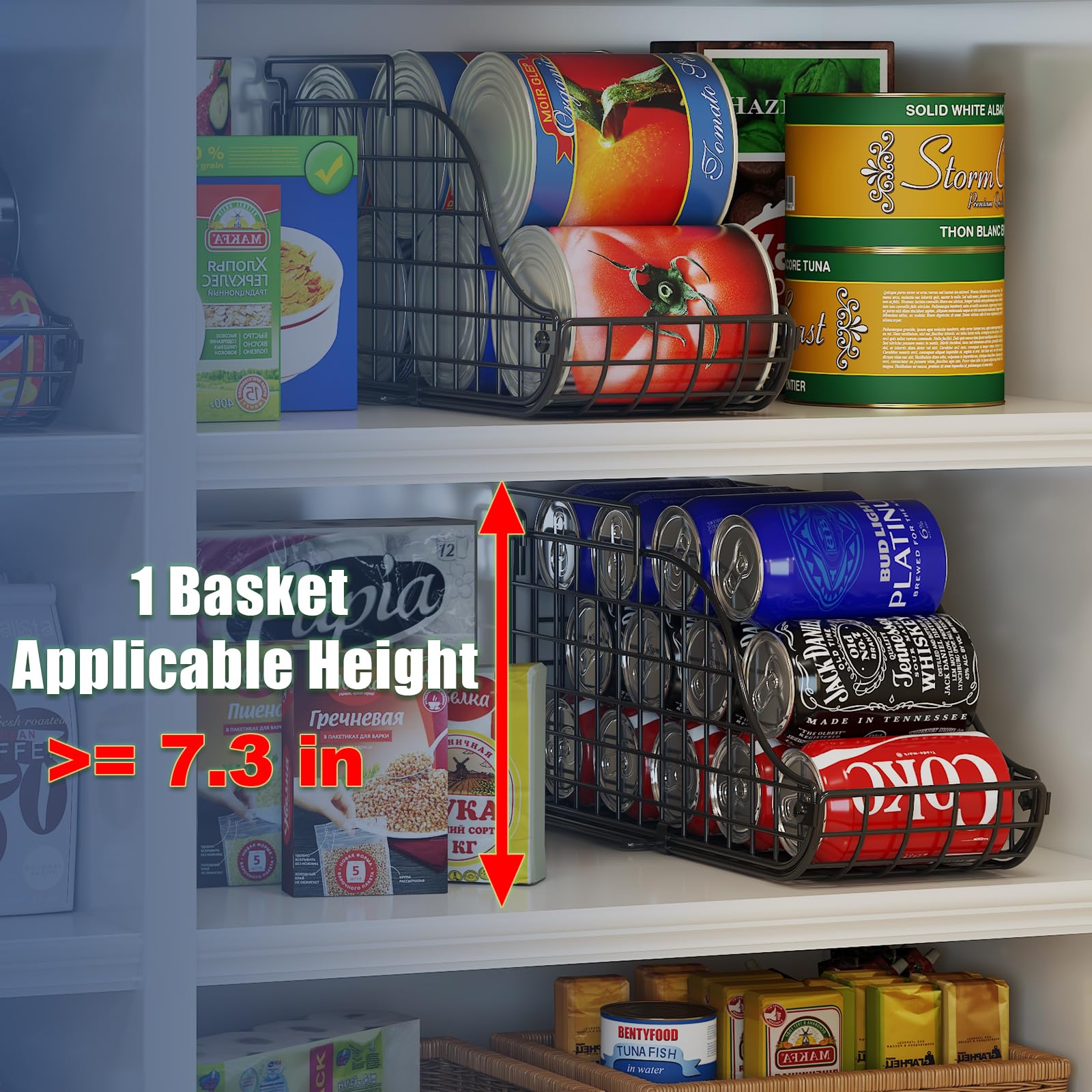 4-Pack Stackable Canned Food Organizer with Handles - Kitchen & Pantry Organizer for Soda Cans, Wire Cabinet Shelf Storage - Foldable Can Dispenser (Black) - Perfect for Kitchen Cabinets, Pantry Shelves & Fridge Organization