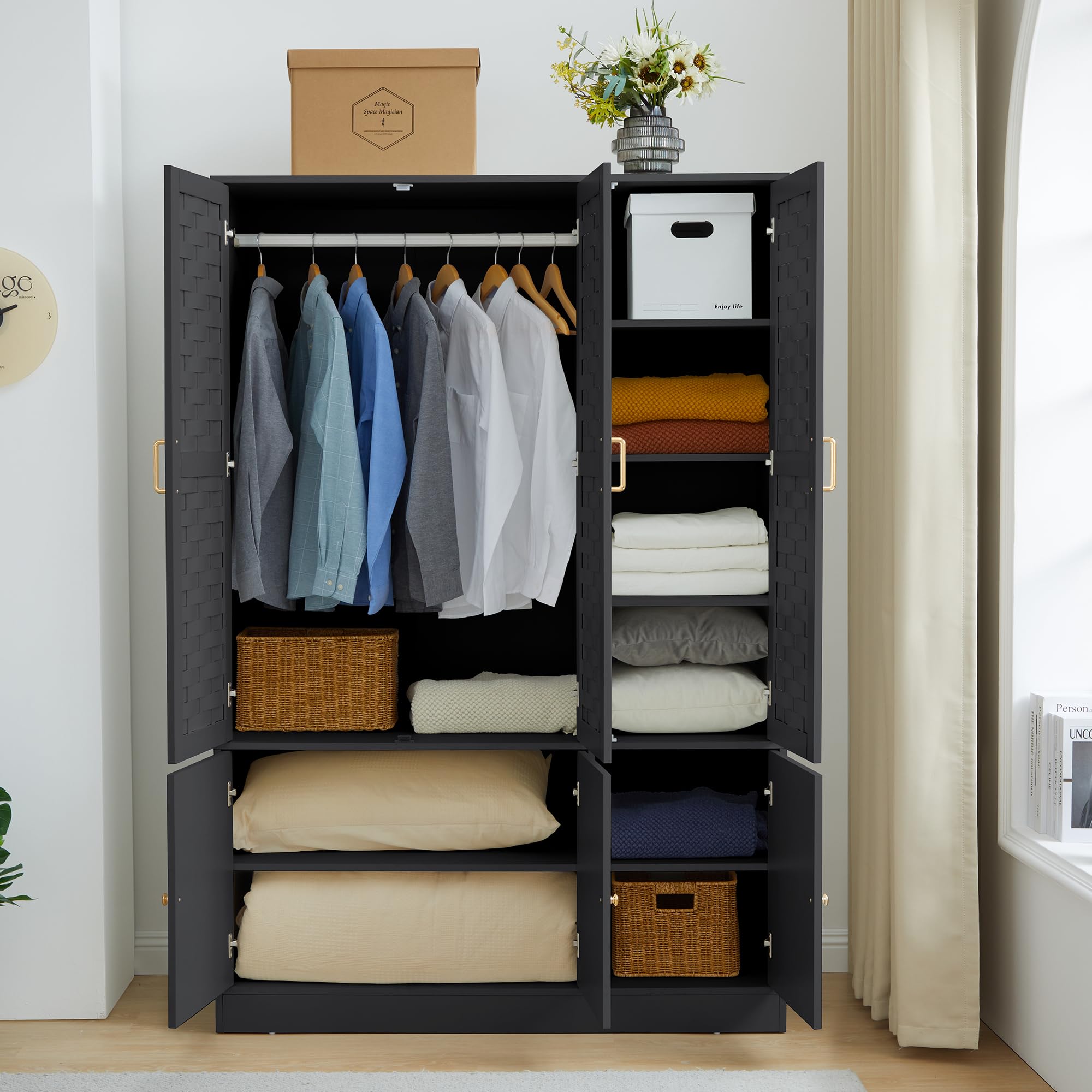Large Wooden Armoire Wardrobe with 6 Woven Doors & 8 Shelves - Spacious Storage Cabinet with Metal Handles & Hanging Rod for Bedroom, Closet or Living Room Organization (Black)