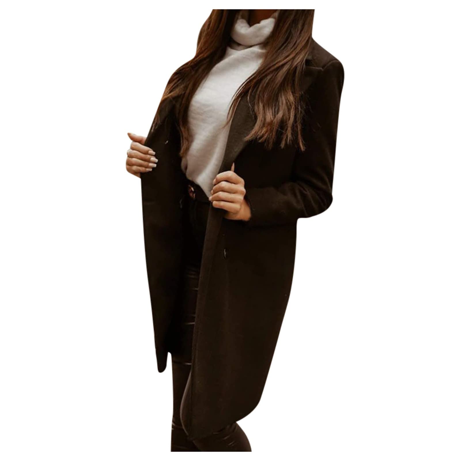 Women's Spring Wool Mid-Length Coat - Solid Color Lapel Button Jacket for Plus Size Ladies | Fashion Outerwear for Office, Dating & Camping