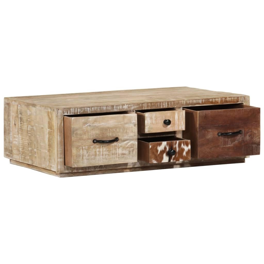 Handmade Solid Mango Wood Coffee Table with 4 Drawers - Farmhouse Style Living Room Furniture - Rustic Brown Sofa Table for Home Decor & Entertaining