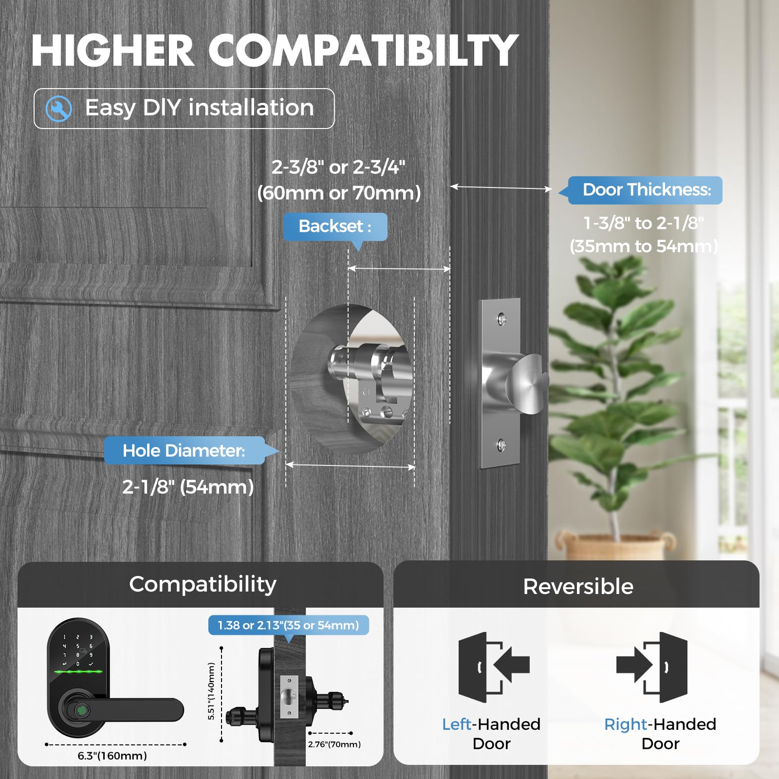 Smart Keyless Entry Door Lock with Fingerprint & Keypad - WiFi App Remote Control, Auto Lock, Easy Installation for Front Door Security - Perfect for Homes, Apartments & Vacation Rentals
