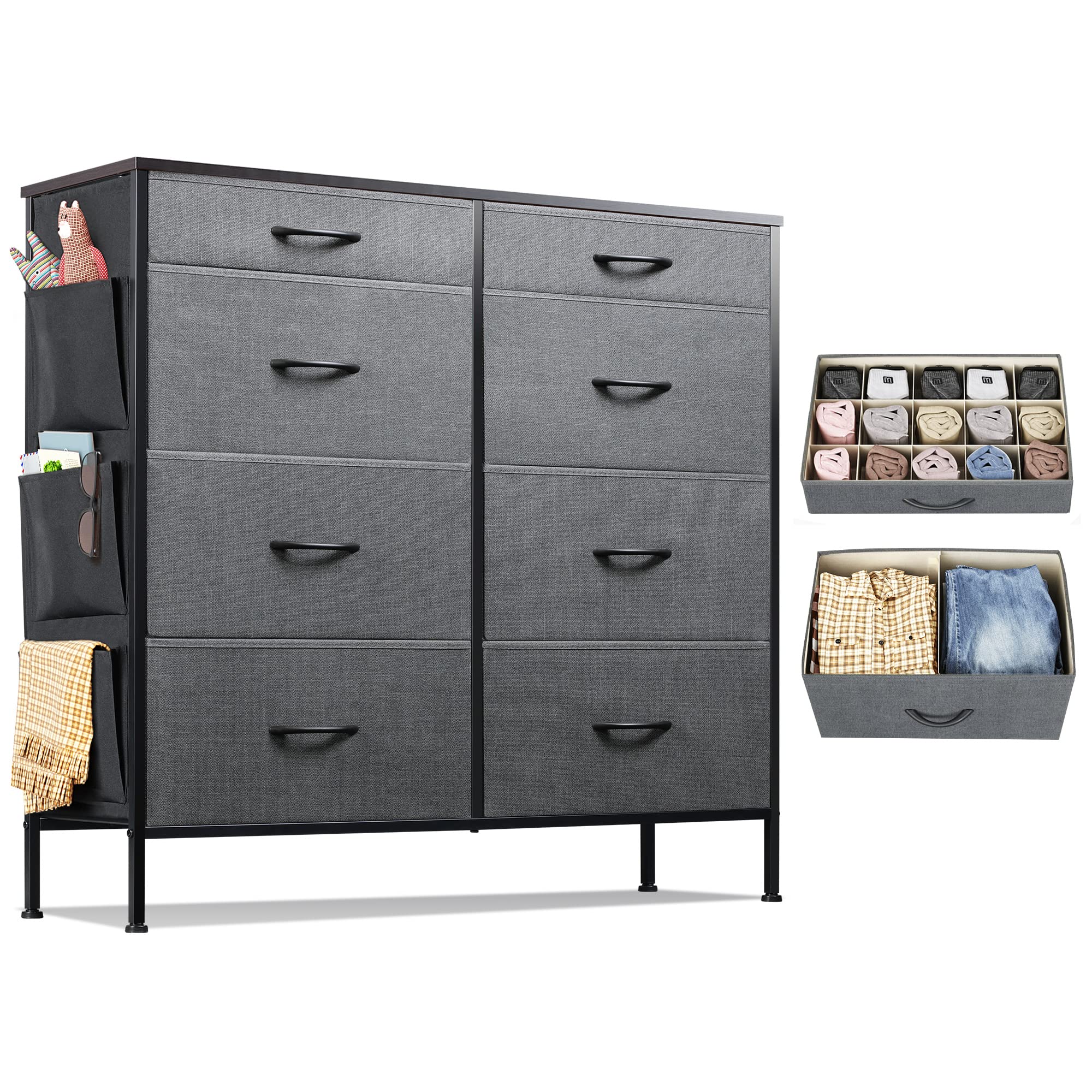 WLIVE 8-Drawer Fabric Dresser for Bedroom - Tall Storage Tower with Drawer Organizers, Side Pockets & Hooks - Dark Grey Chest of Drawers for Living Room, Closet, Nursery & Hallway Organization - Perfect for Small Space Storage & Home Decor