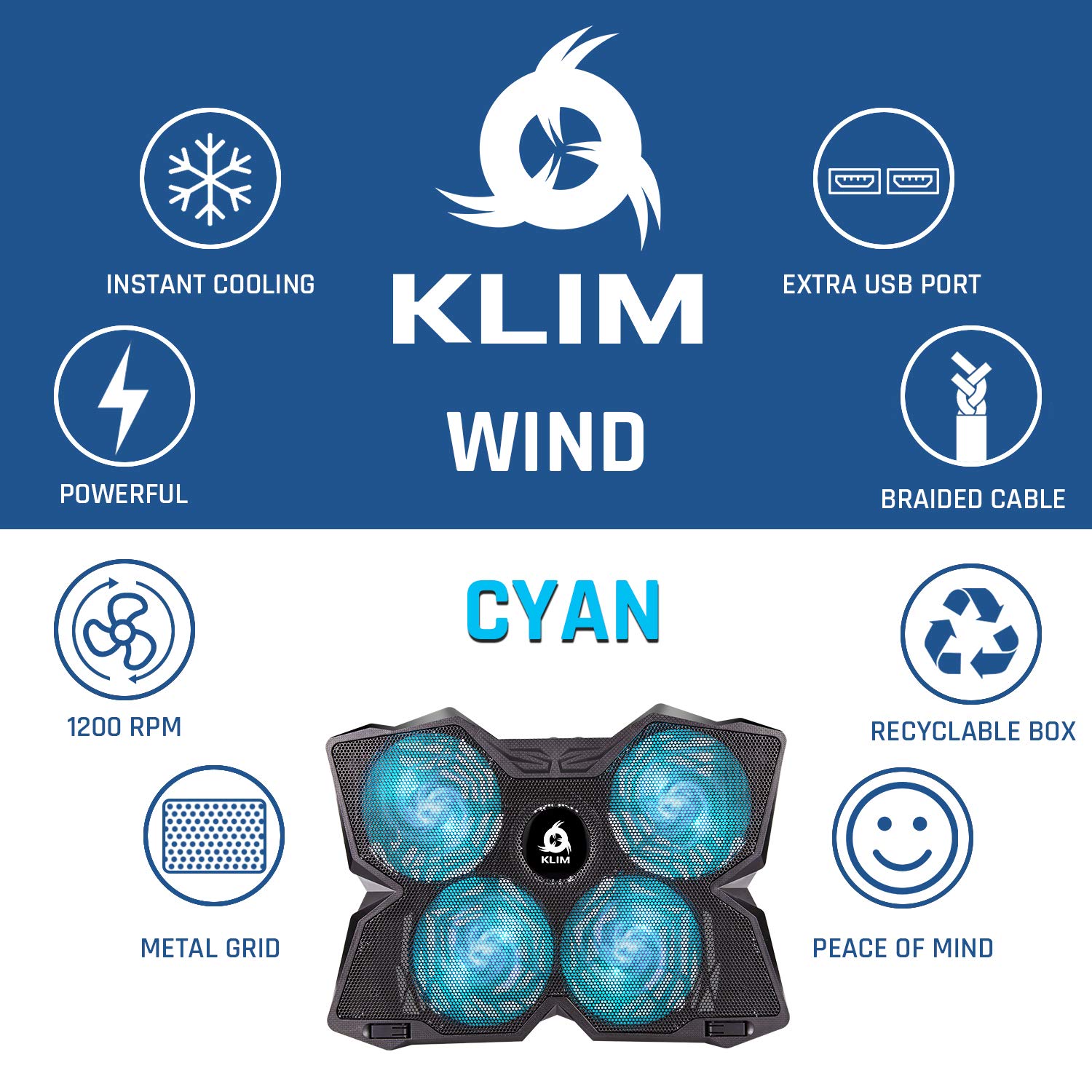 KLIM Wind 2024 最强大笔记本电脑散热器 - 4静音风扇 - 适用于PS5、PS4、Xbox - 超过500,000台售出 - 游戏、办公、设计场景必备