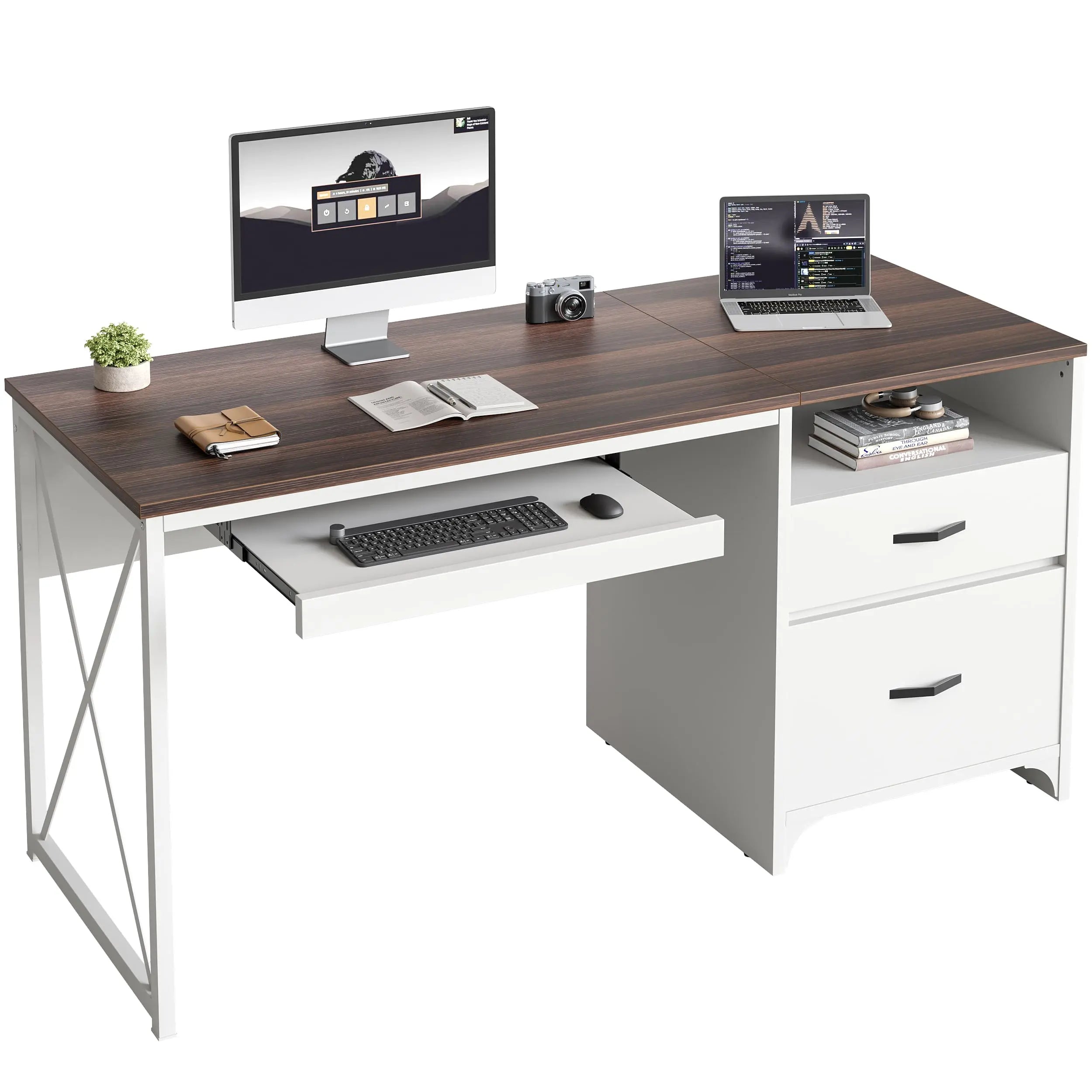 Bestier 55 Inch Industrial Office Computer Desk with Storage Shelf - Modern L-Shaped Writing Desk for Home Office, Gaming & Study - Sturdy Metal Frame Workstation with Drawers & Open Storage Space