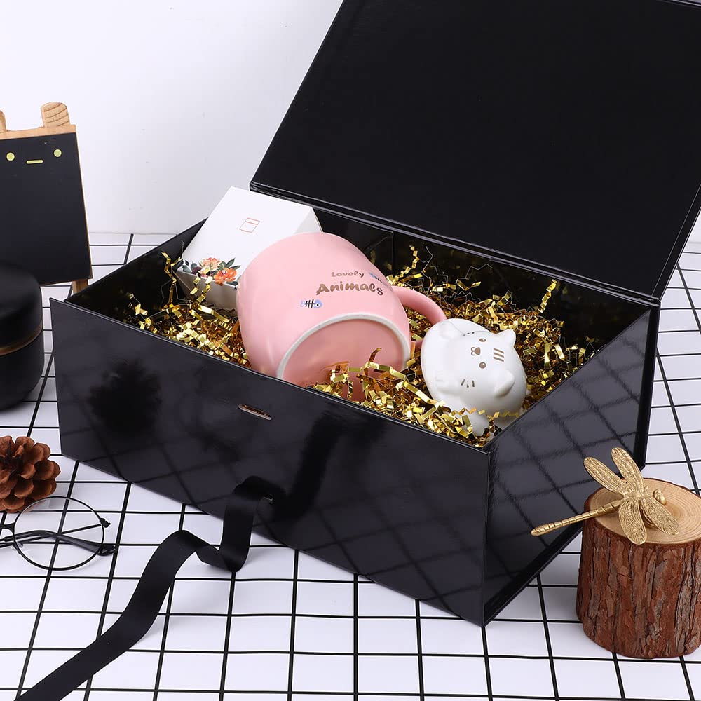 12x8x4.5 Inch Black Gift Box with Magnetic Lid & Ribbon - Elegant Bridesmaid Proposal Box, Birthday Gift Packaging for Jewelry, Shoes & Women's Accessories (Glossy Black) - Perfect for Wedding Favors, Special Occasions & Luxury Gift Presentation