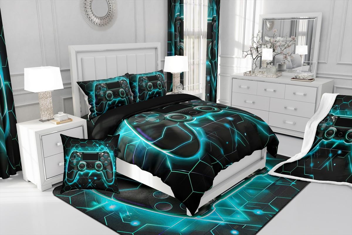 King Size Honeycomb Gamer Bedding Set - Hexagon Beehive Geometry Duvet Cover & 2 Pillow Shams with Neon Lights in Black & Teal - Perfect for Gaming Rooms, Teen Bedrooms & Esports Themed Decor