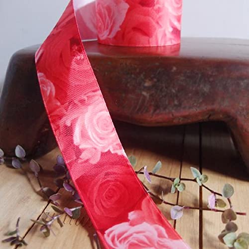 Red Rose Print Satin Ribbon - 1 Inch Wide Decorative Ribbon for Gift Wrapping, Wedding Decorations & DIY Crafts