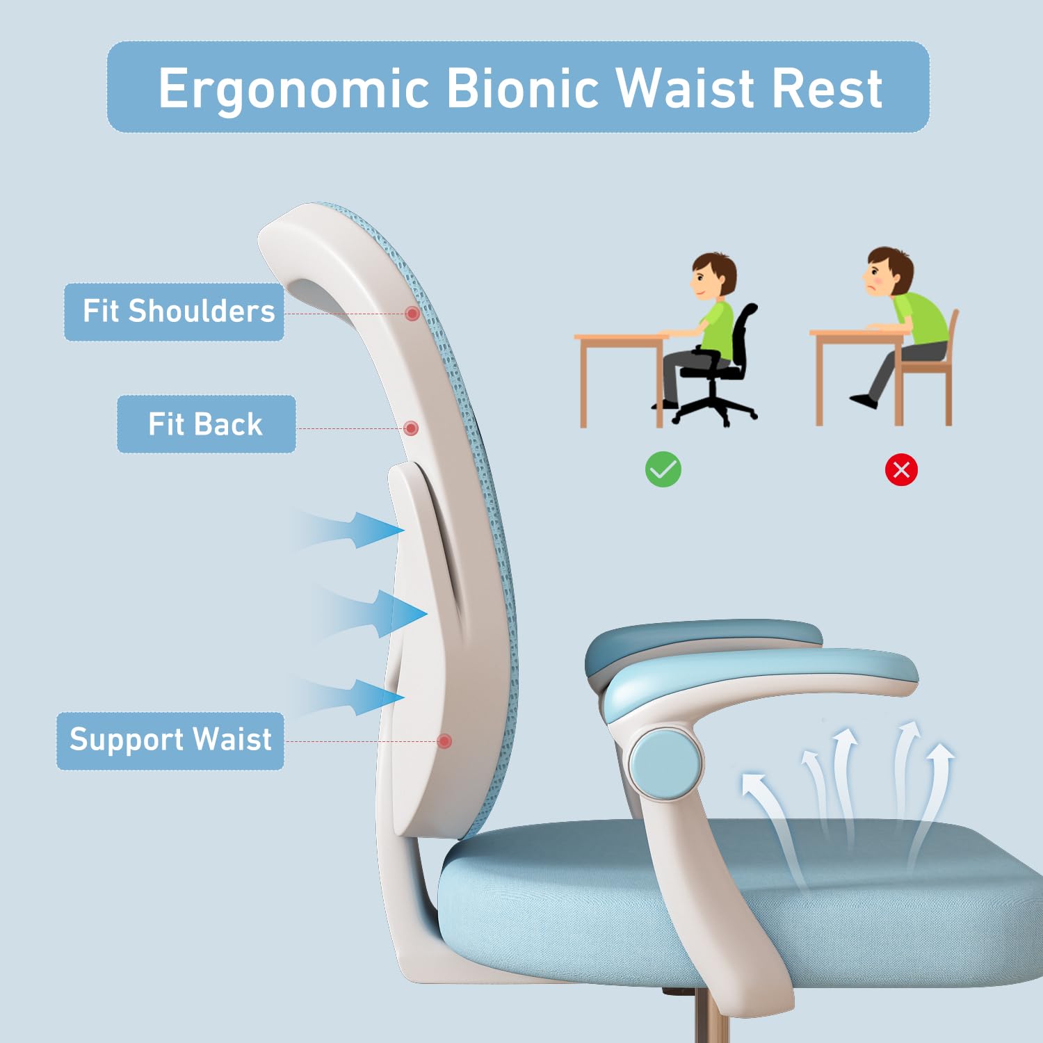 Adjustable Armrest Kids Desk Chair with Wheels - Ergonomic Study & Computer Chair for Boys & Girls - Perfect for Home Office, Online Learning & Gaming (Blue)