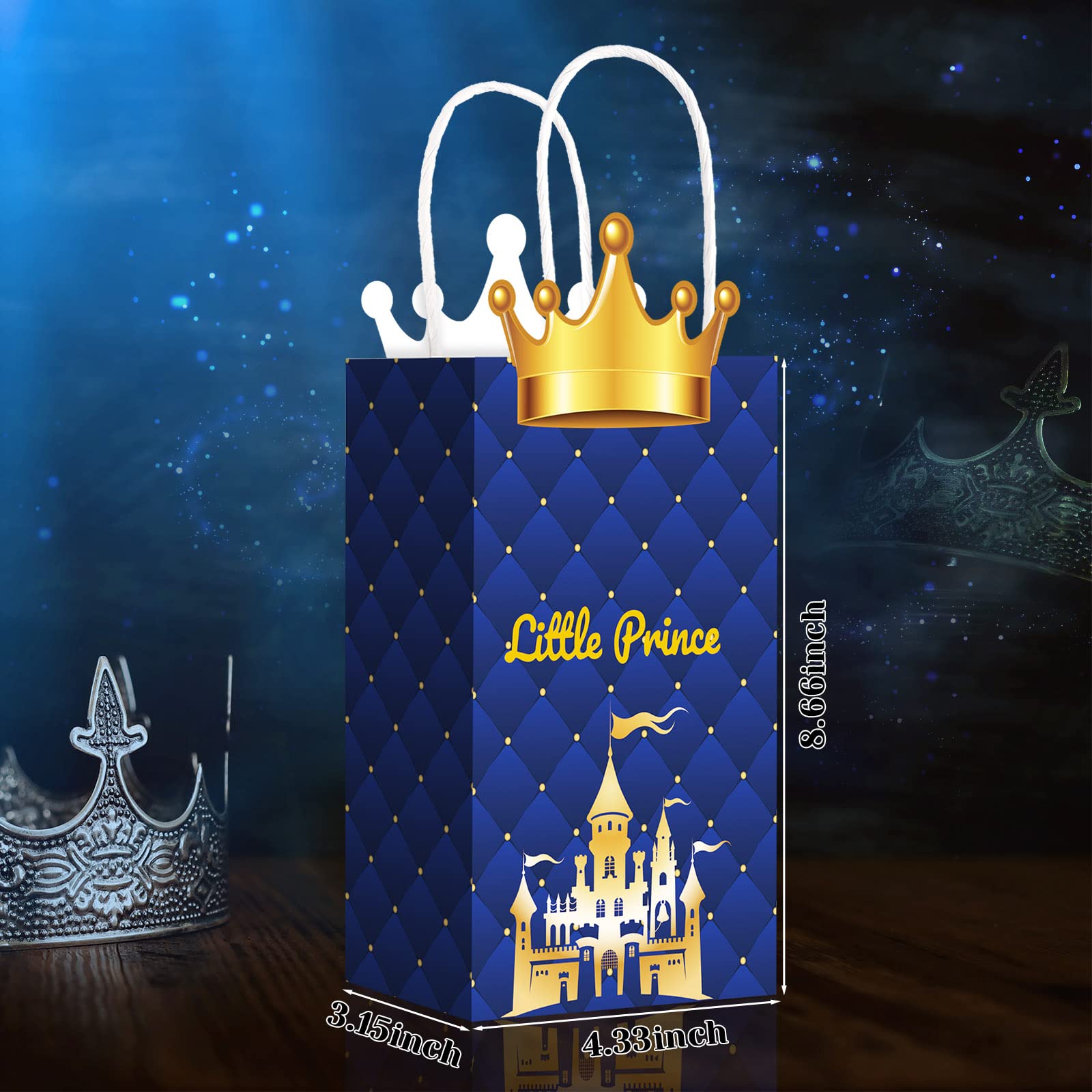 16 Pack Prince Party Favor Bags with Glitter Crowns & Handles - Kraft Paper Goodie Bags for Baby Showers, Birthdays, Royal Themed Parties - Perfect for Treats, Gifts & Party Supplies