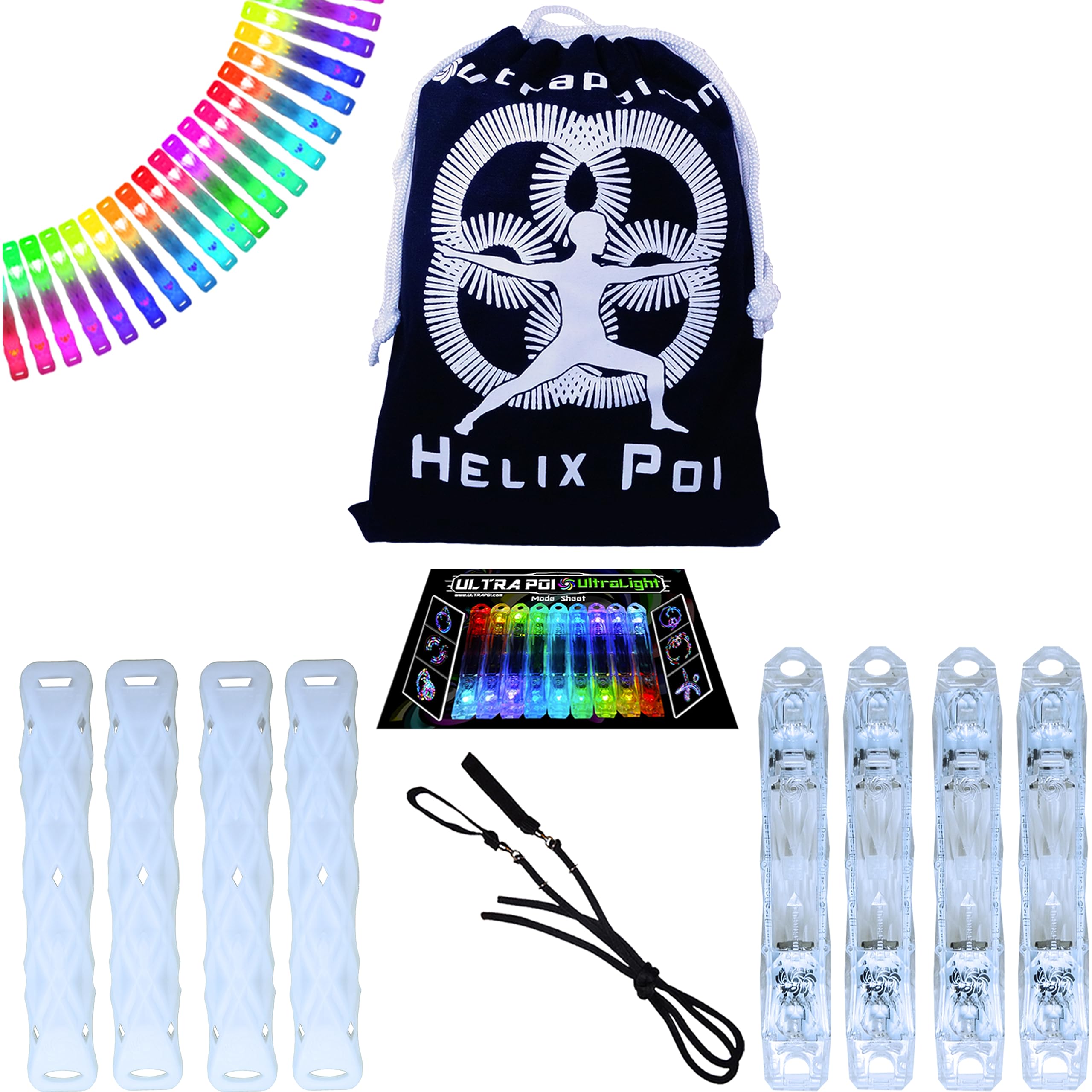 HelixPoi LED Glow Stick Lights Set - 70+ Color Modes & Patterns with Soft Durable Cases & Adjustable Leashes - Flow Arts Spinning Toy for Performances, Dance, Fire Poi Practice, and Nighttime Entertainment - UltraPoi Double Helix Poi with Bright LED Lights