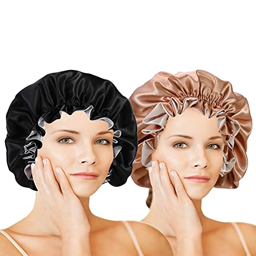 SweetEasy Adjustable Satin Bonnet for Women - Silk Hair Cap for Natural & Curly Hair Protection (Khaki/Black) | Nighttime Hair Care & Travel Essential