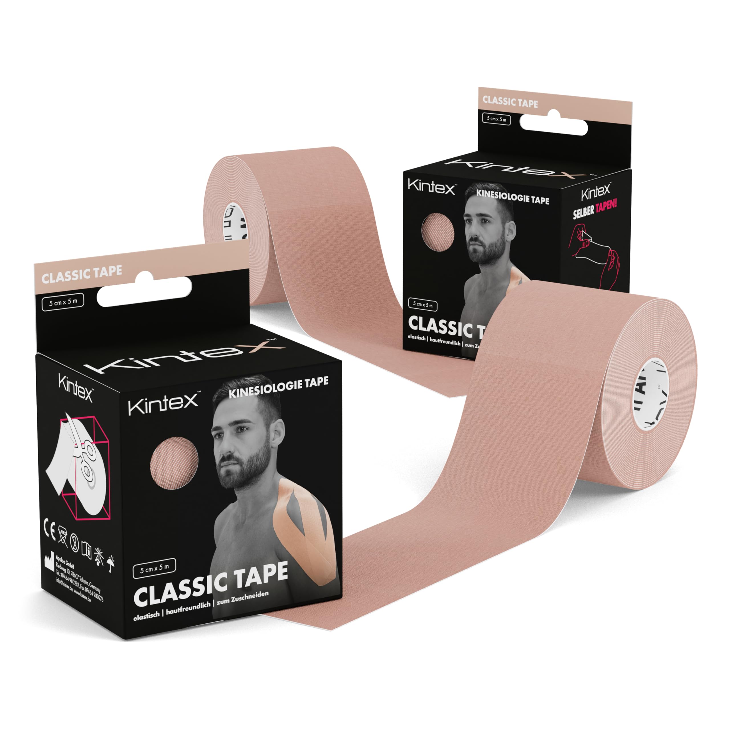 Kintex 2 Rolls Kinesiology Tape Classic, 5 cm x 5 m, Skin-Friendly & Waterproof Athletic Tape for Sports Injury Recovery, Muscle Support & Pain Relief – Ideal for Running, Gym, Yoga & Physical Therapy (Beige)