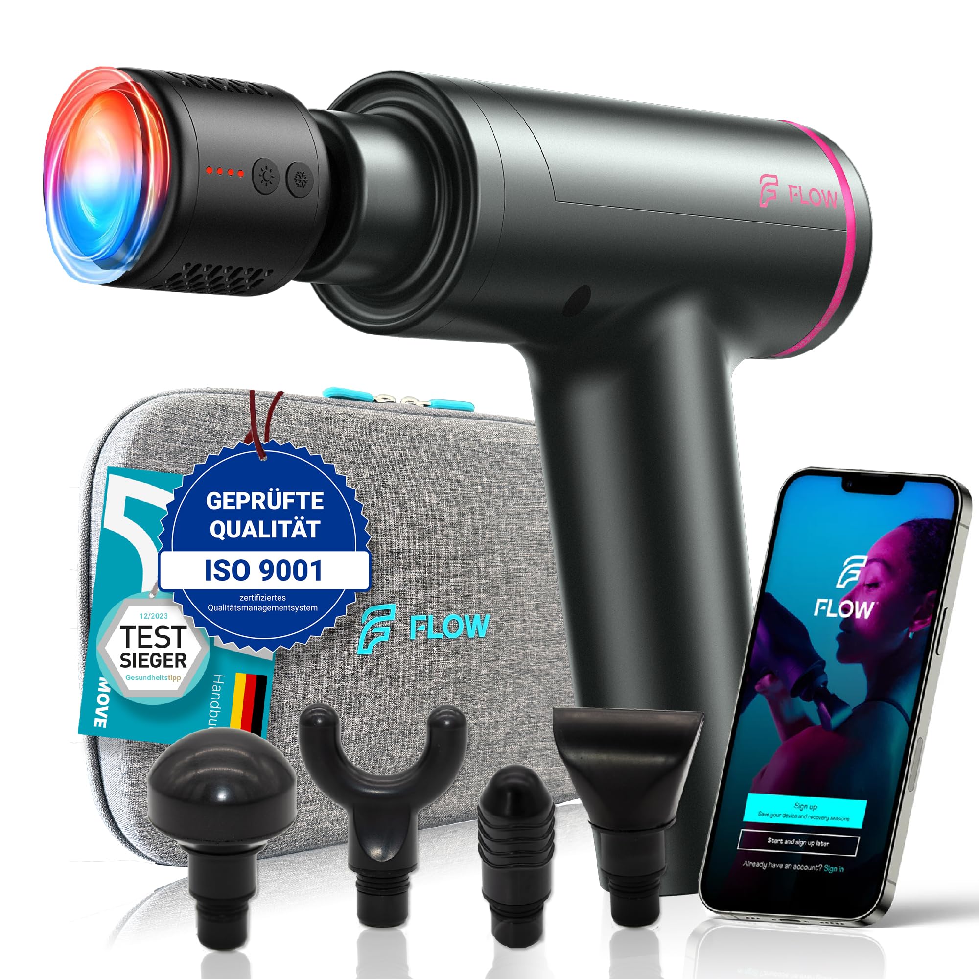 Flow Mini Portable Deep Tissue Massage Gun - Percussion Massager for Muscle Pain Relief, Sports Recovery & Relaxation | 4 Interchangeable Heads | 3-Hour Battery Life | Hot Pink | Perfect for Gym, Home & Travel Use