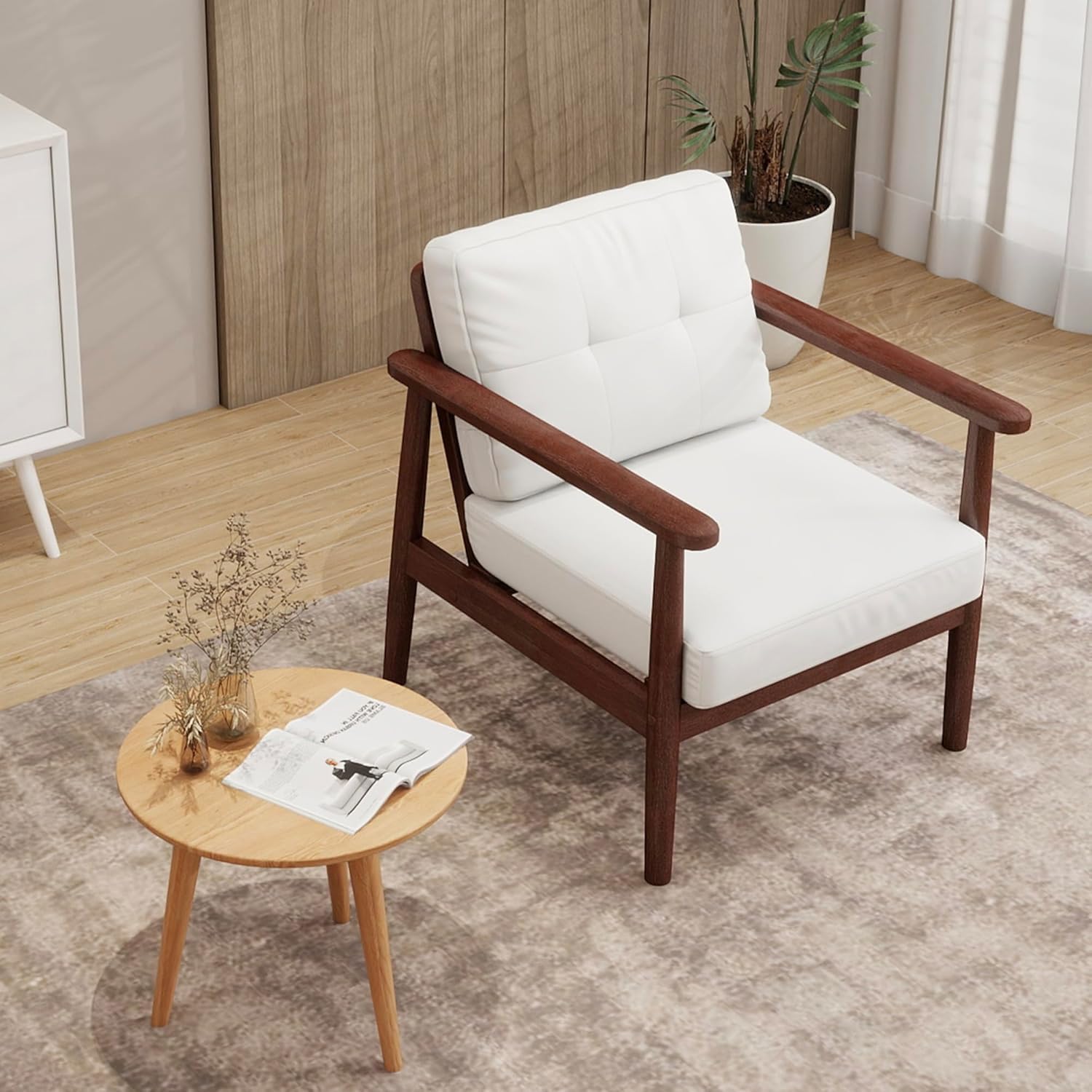 TYBOATLE White Faux Leather Accent Chair - Mid Century Modern Armchair with Solid Wood Frame - Stylish Living Room, Office & Waiting Room Seating - Perfect for Home Decor, Lounge Areas & Reception Spaces