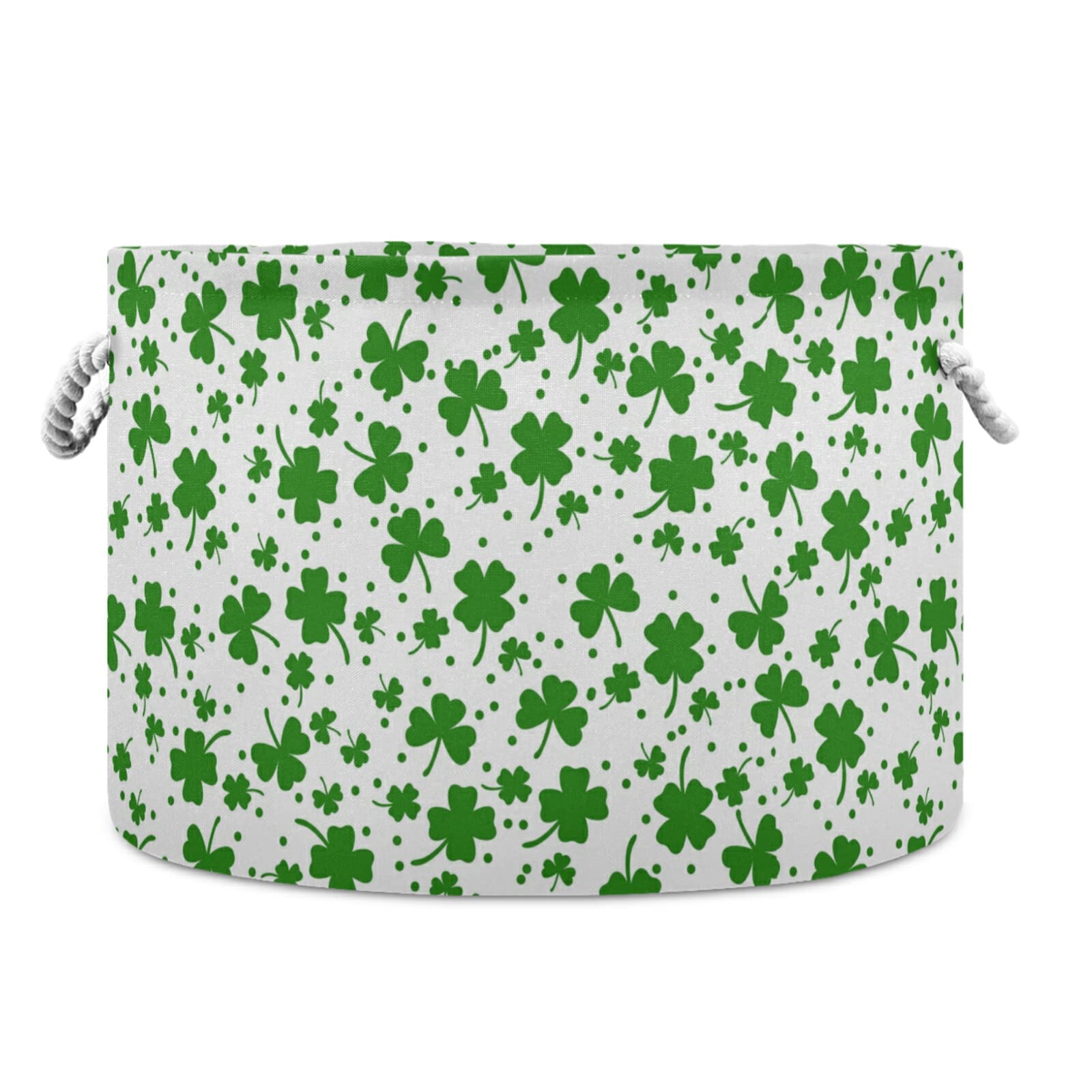St. Patrick's Day Green Shamrock Clover Storage Basket - Foldable Round Organizer Bin with Handles for Baby Nursery, Toys & Clothes - Waterproof Laundry Hamper for Home, Dorm & Party Decor