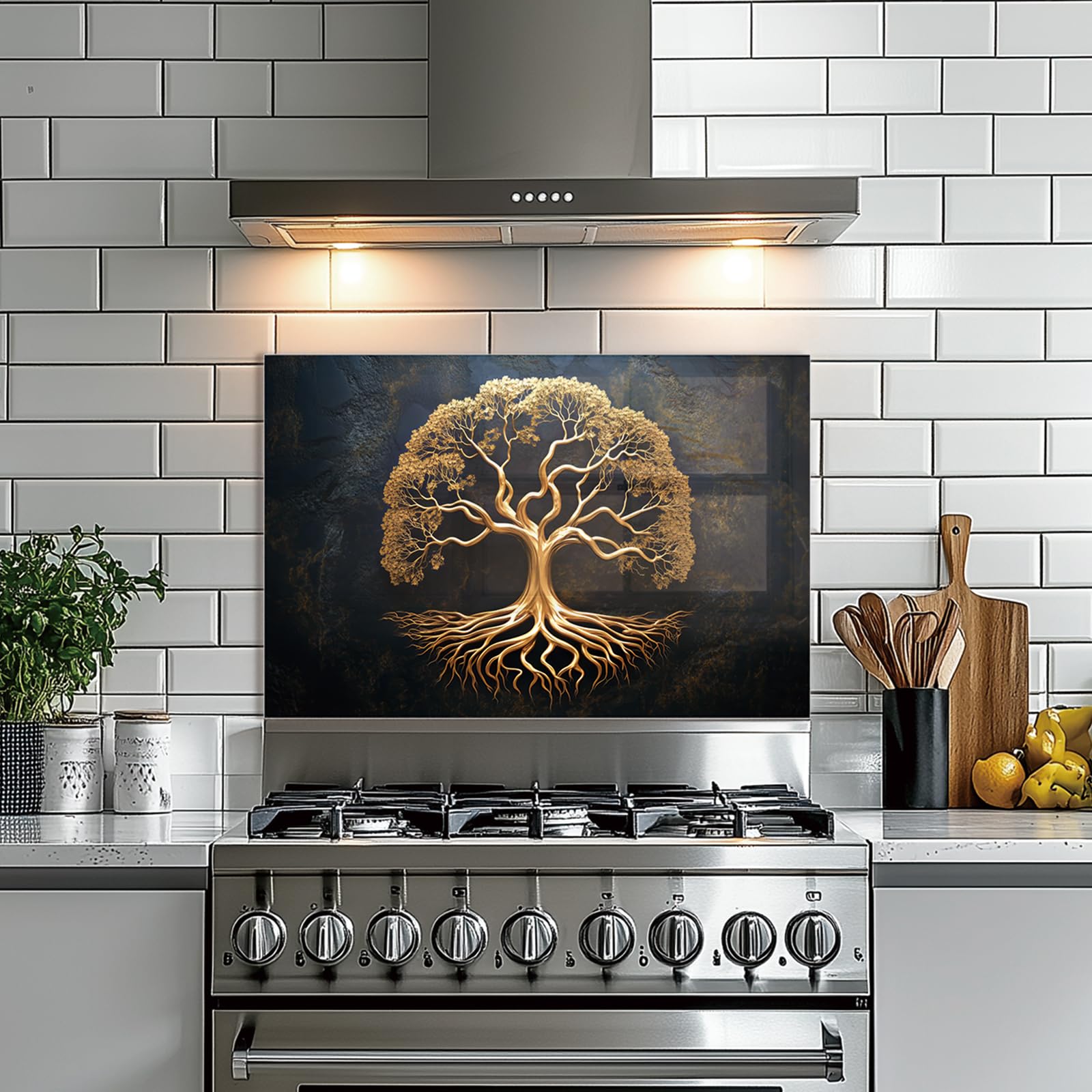 Golden Tree of Life Tempered Glass Kitchen Backsplash - 30