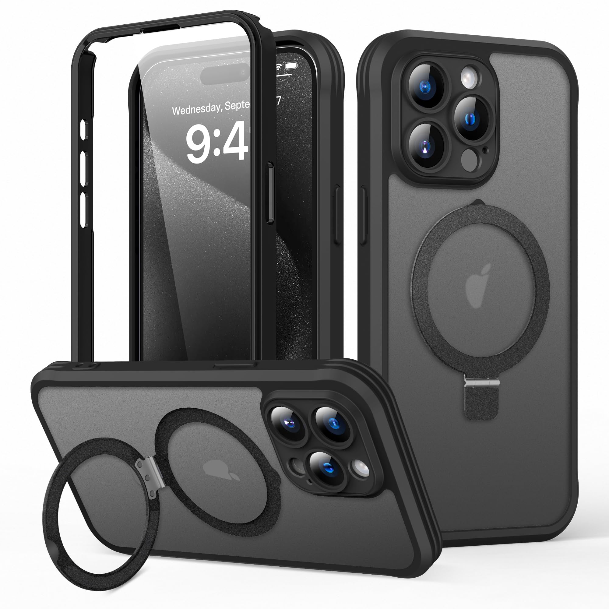 Magnetic Shockproof iPhone 15 Pro Max Case with Invisible Stand | MagSafe Compatible Translucent Matte Cover | Built-in Screen Protector for Men & Women | Perfect for Work, Travel & Outdoor Activities - Black