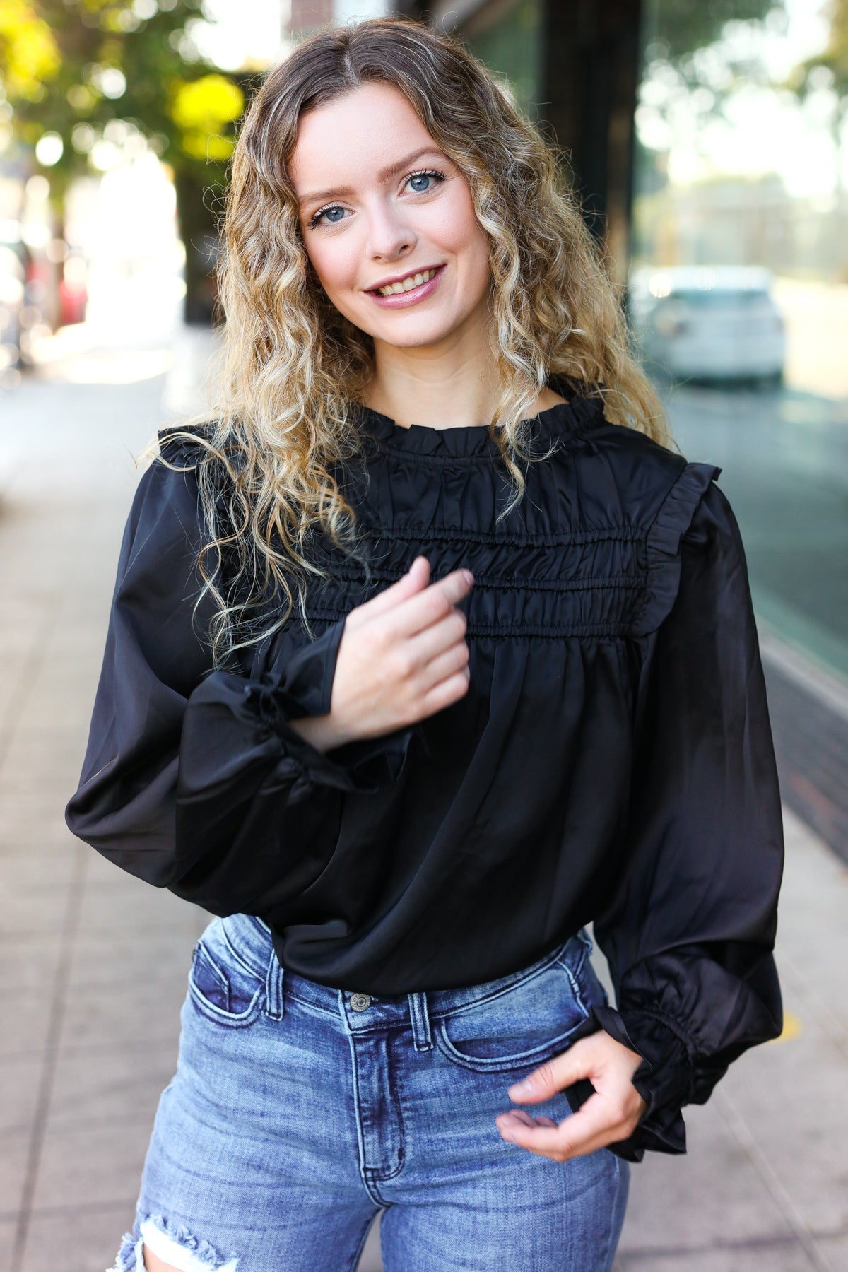 Black Satin Shirred Yoke Frilled Mock Neck Top for Women - Elegant Party & Evening Wear